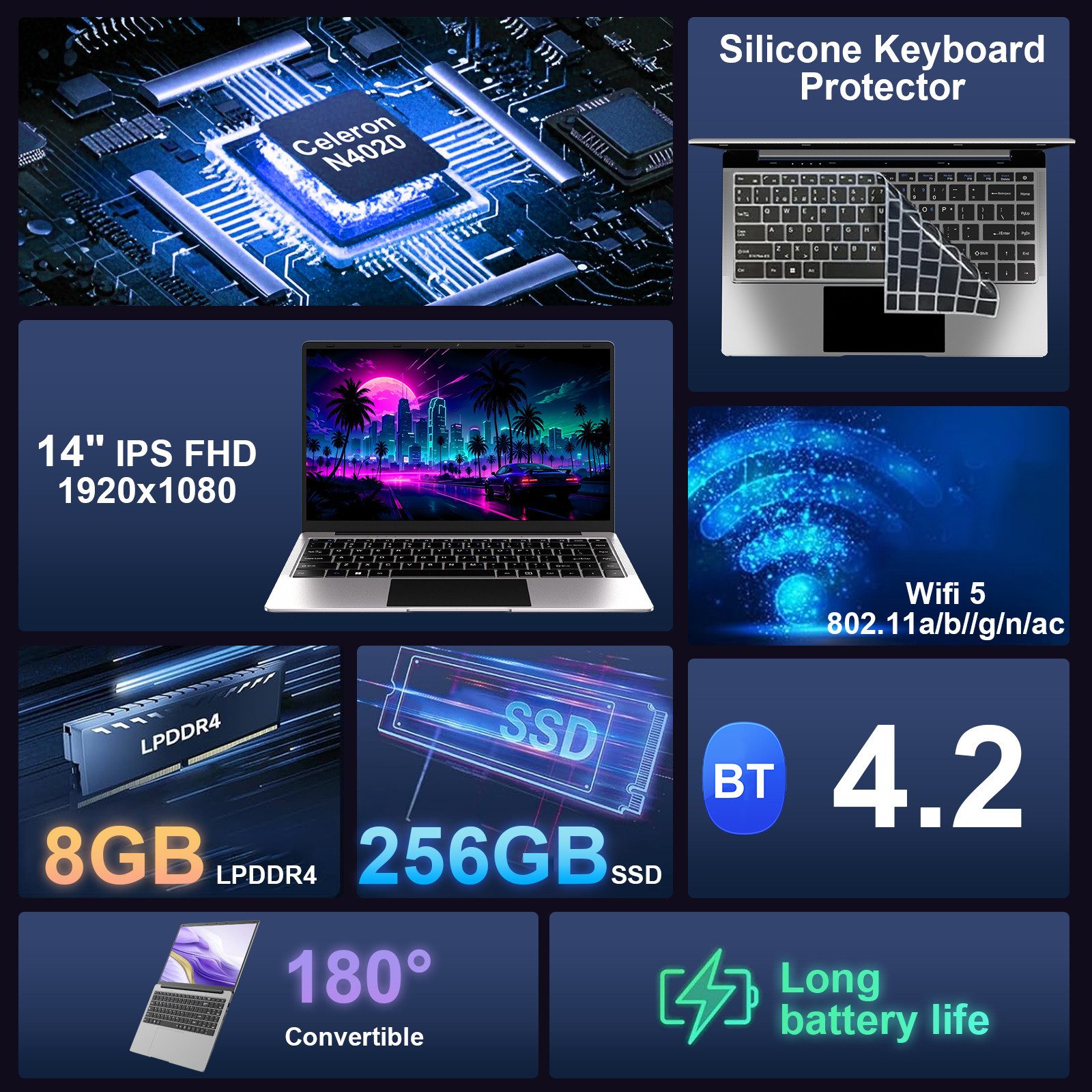 bvate B8 Laptop 14 Zoll 8GB RAM 256GB SSD 1920x1080 Notebook (35 cm/14 Zoll, Celeron N4020, Celeron N4020, 8 GB, 256 GB SSD, 180° Drehung/Low Blue Light-Zertifizierung/Deutsche Tastaturaufkleber)