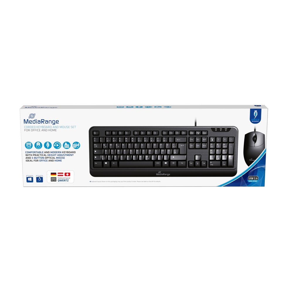 Set Maus und Tastatur mit Kabel 3 Tasten QWERTZ schwarz MROS108 Tastatur- und Maus-Set