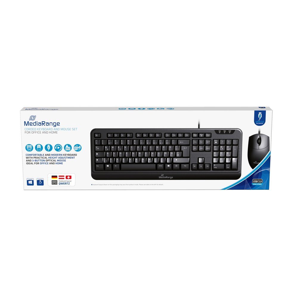Mediarange Set Maus und Tastatur mit Kabel 3 Tasten QWERTZ schwarz MROS108  Tastatur- und Maus-Set, Spritzwassergeschützt und mit Höhenverstellung