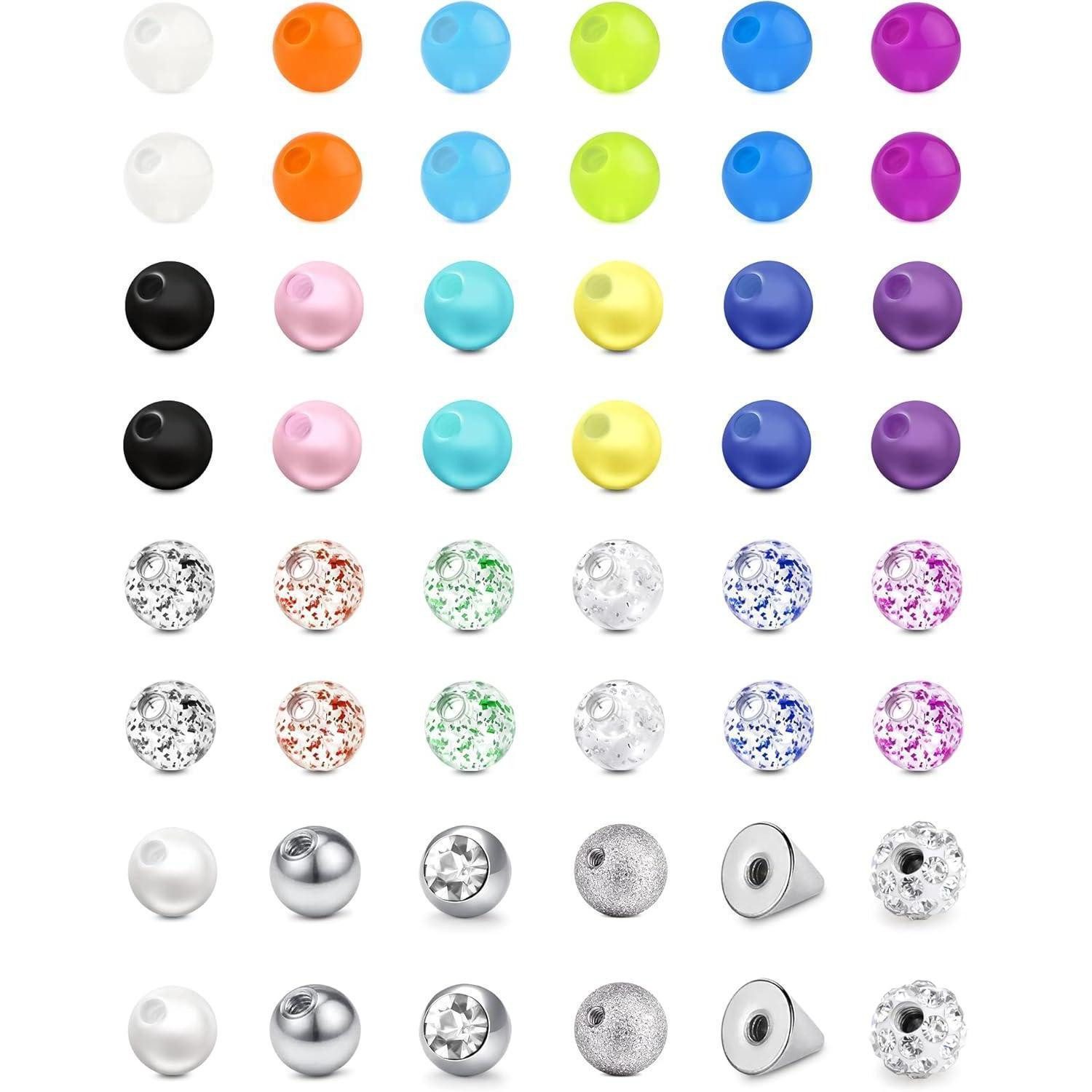 Piercing-Set 16er Piercing Kugeln Set aus Edelstahl & Acryl - 48 Ersatzkugeln
