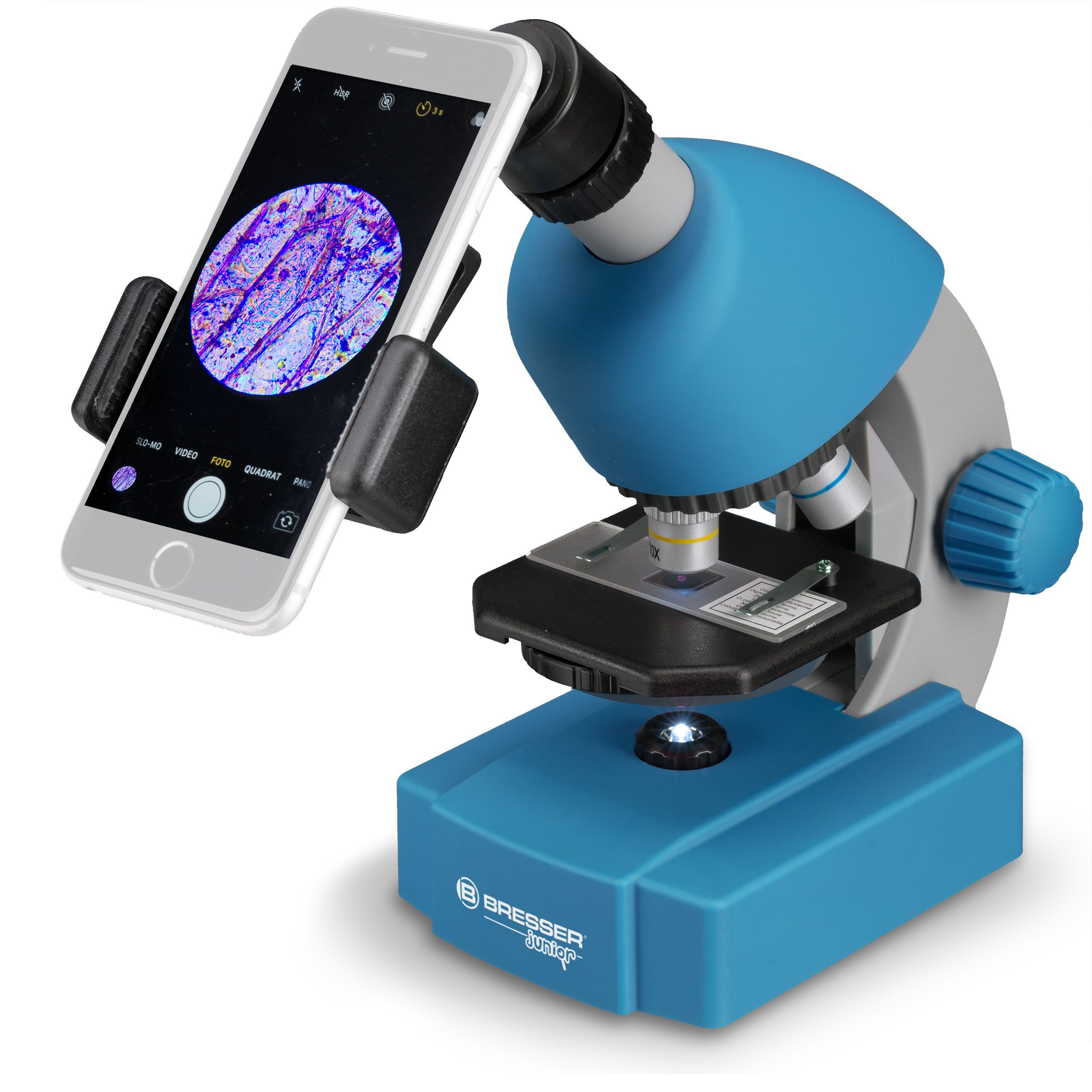BRESSER junior microscope 40x-640x blue incident and transmitted light microscope