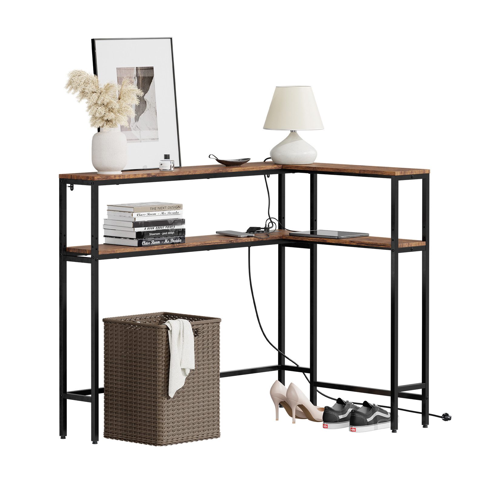 SoBuy Konsolentisch FSB105-E, Konsolentisch Schmal und Lang, 2 Ablagen mit 2 Steckdosen (1 Tisch), Beistelltisch Flurtisch mit höhenverstellbare Ablage und USB Typ-C