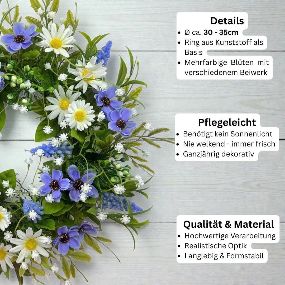 Kunstkranz Künstlicher Blumenkranz Margerite-Hyazinthe Ø35cm. Türkranz Deko BLAU, naninoa GmbH