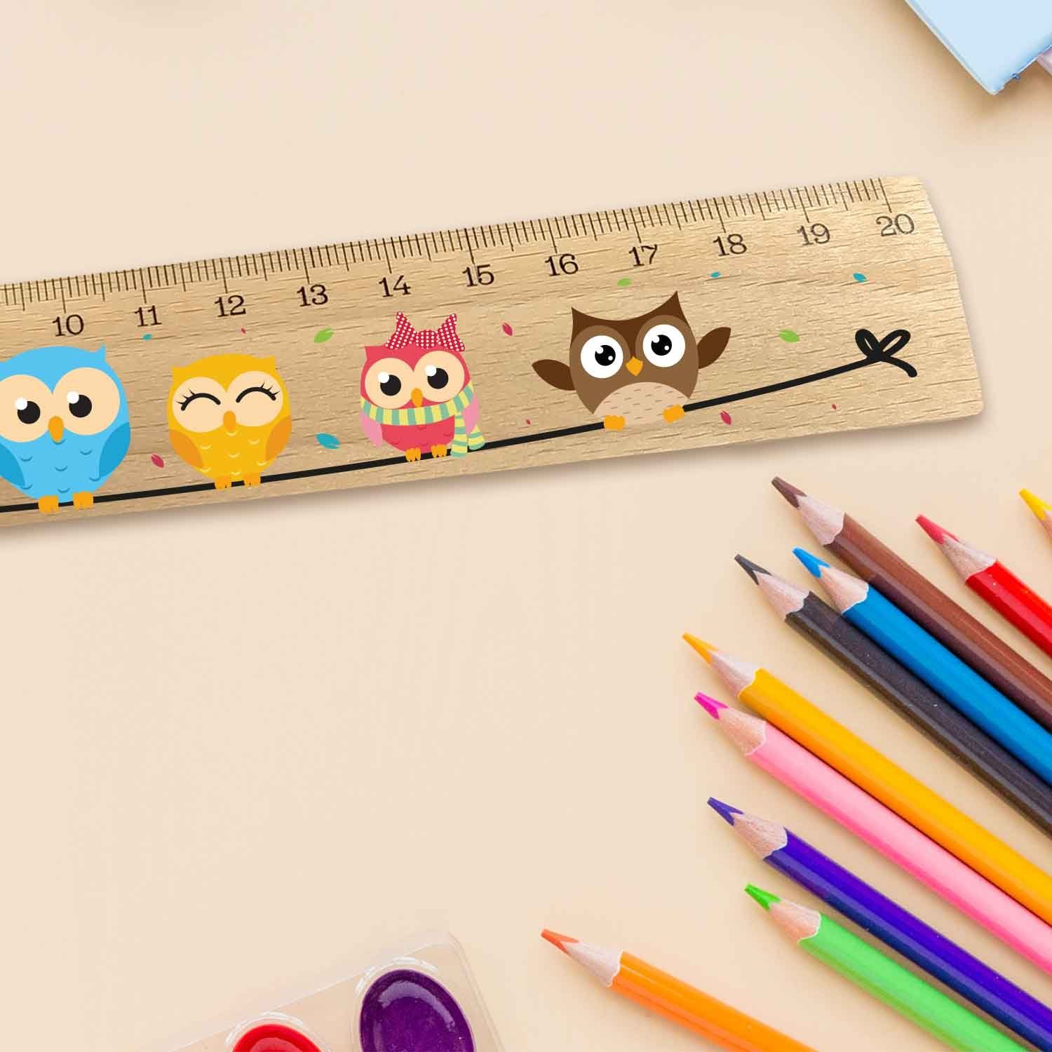 GRAVURZEILE Lineal im Eulen Design - für Kinder aus Holz - zur Einschulung, Geschenk für die Schule