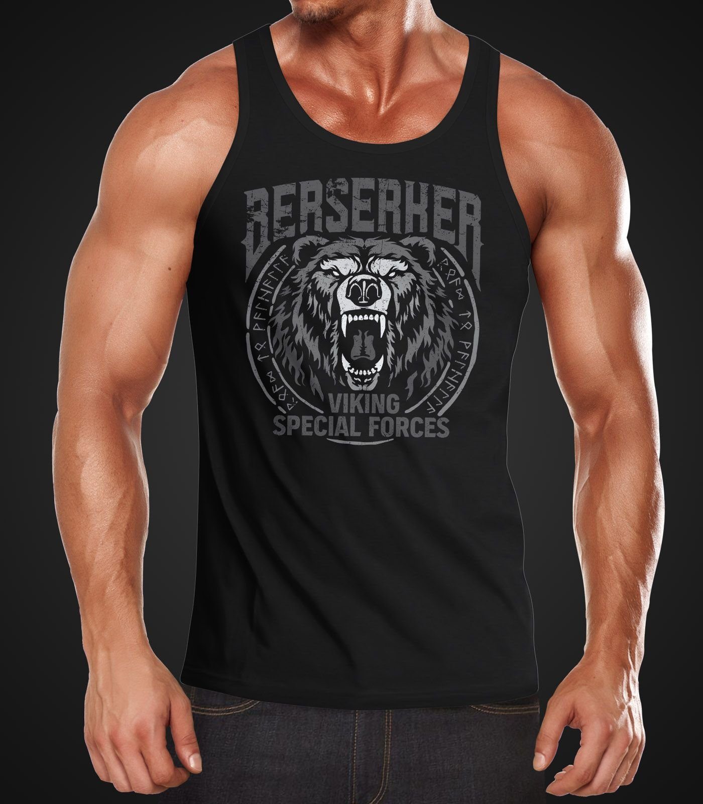 Muscle mit Bär Neverless® Viking Print Berserker Runen Tank-Top Muskelshirt Neverless nordische Tanktop Shirt Mythologie Herren