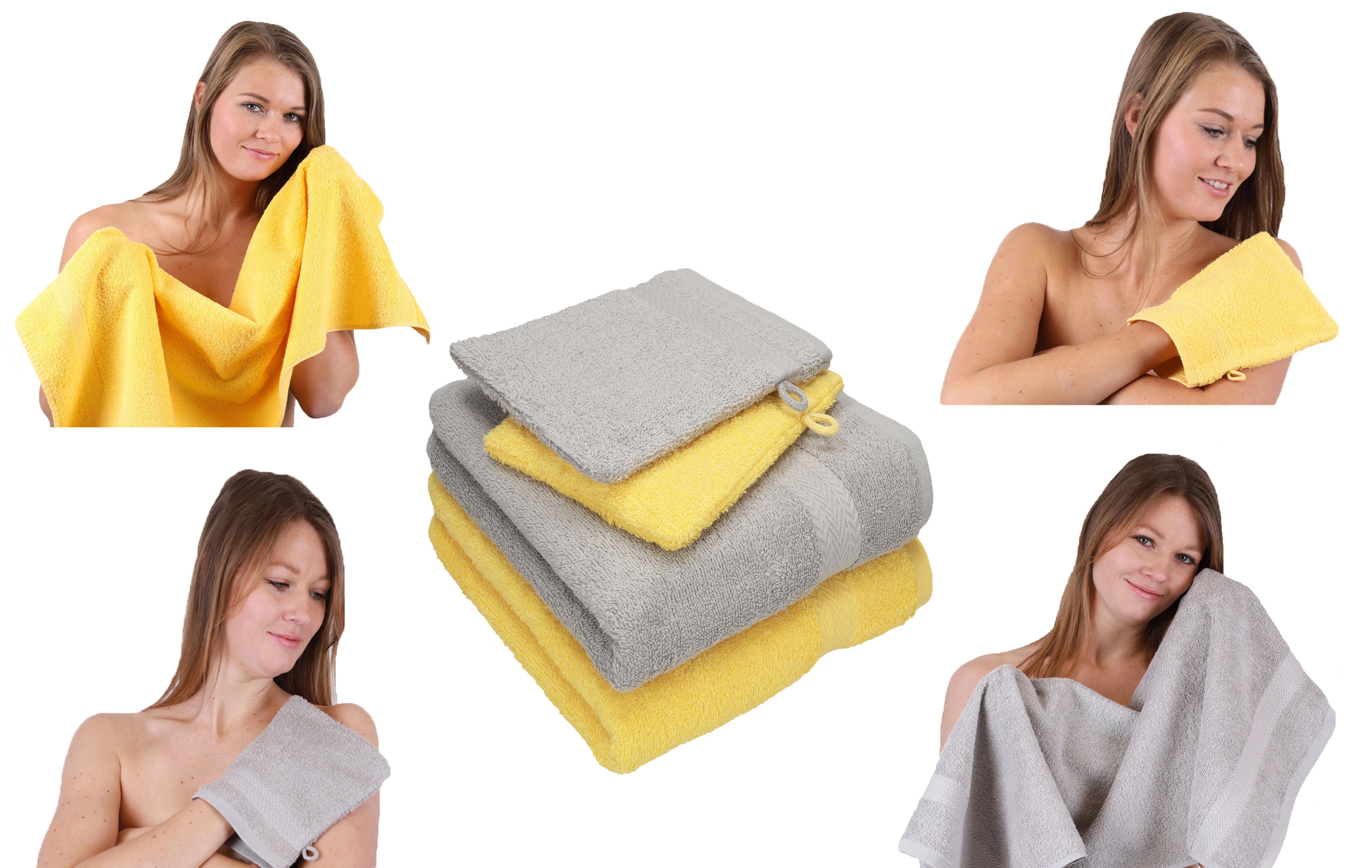 Betz Handtuch Set 4 Set 100% Baumwolle Baumwolle Pack Handtücher Happy TLG. 100% 2 2 silbergrau-gelb Handtuch Waschhandschuhe