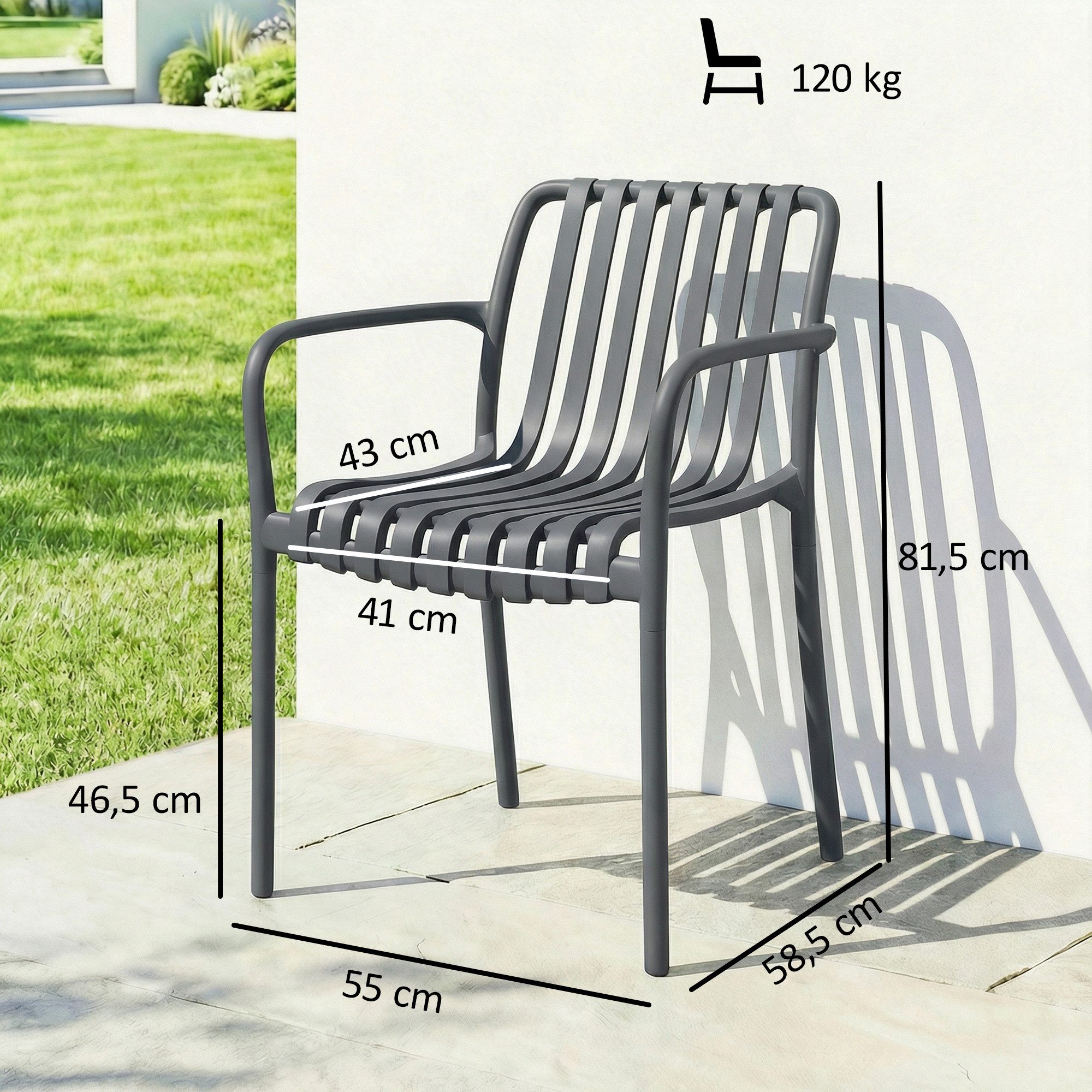 Outsunny Gartenstuhl Stapelbare Balkonstühle mit Lamelldesign-Armlehnen ergonomisch 120kg (Terrassenstühle, 4 St), für Garten, Balkon Terrasse 55 x 58,5 x 81,5 cm Dunkelgrau
