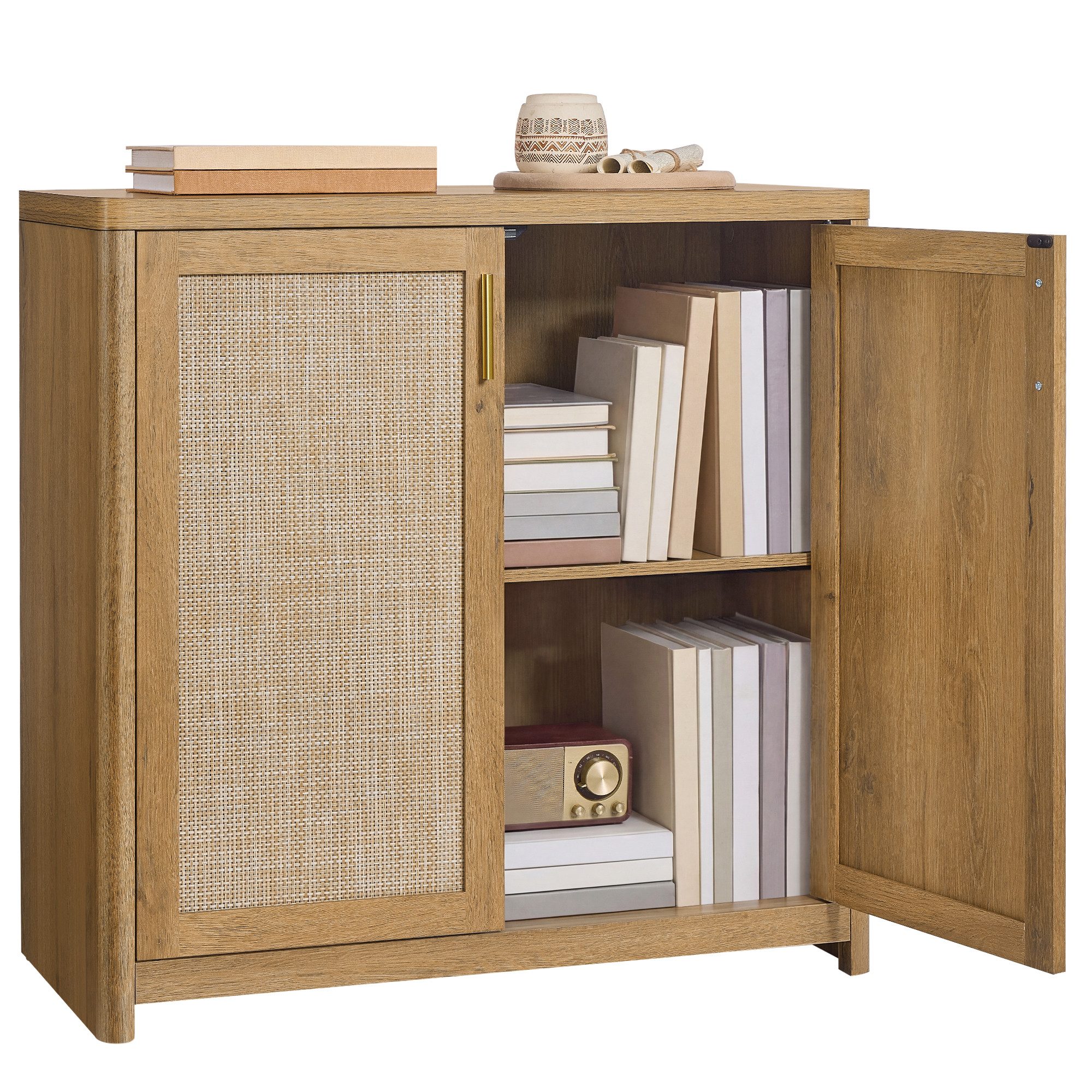 VASAGLE Buffet Küchenschrank im Boho-Stil, Türen Rattan-Optik verstellbare Ablage, Wohnzimmer,38 x 80 x 80 cm (T x B x H)