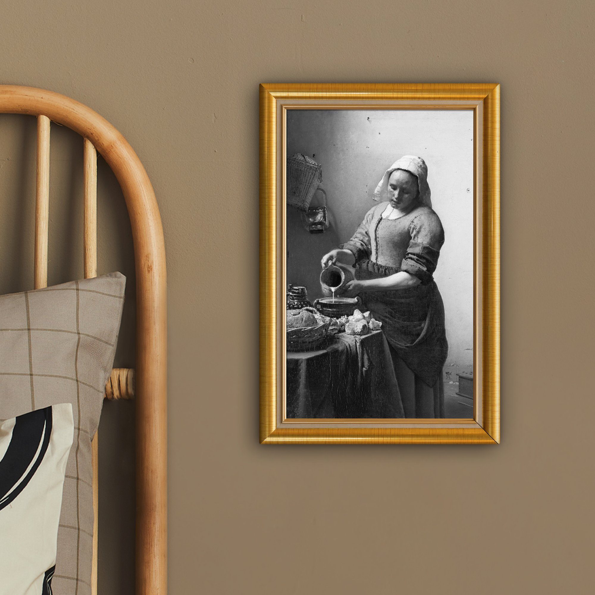 Vermeer - 20x30 - Leinwandbild - cm Gemälde, inkl. bespannt Gold, (1 Milchmädchen Zackenaufhänger, St), fertig OneMillionCanvasses® Leinwandbild Rahmen