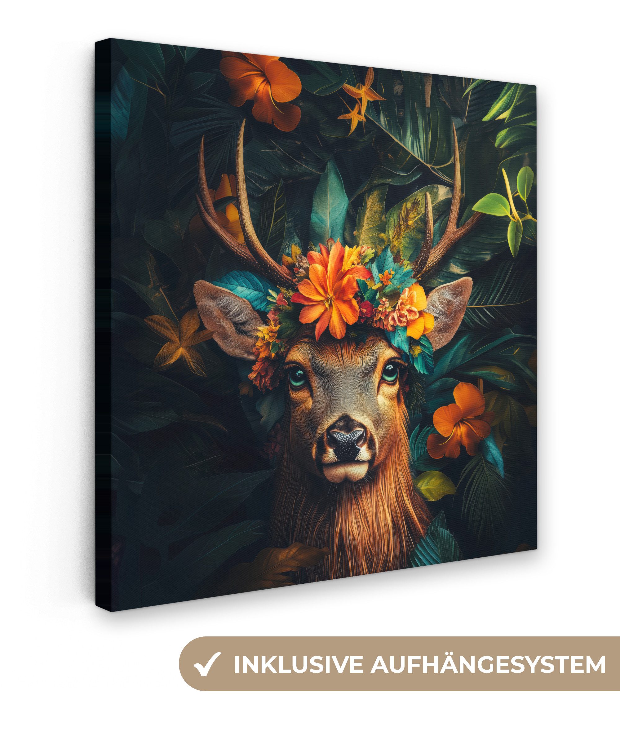 OneMillionCanvasses® Leinwandbild Hirsch - Blumen - Natur - Botanisch - Tier, Fotodruck (1 St), Wandbild, Deko Schlafzimmer Wohnzimmer Flur 20x20 cm