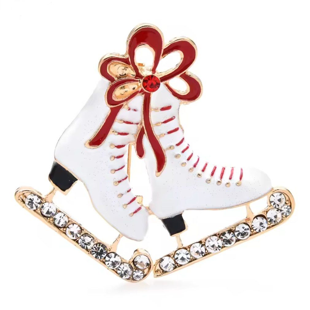 Brosche Romantische Schlittschuh-Brosche mit roter Schleife und Strass