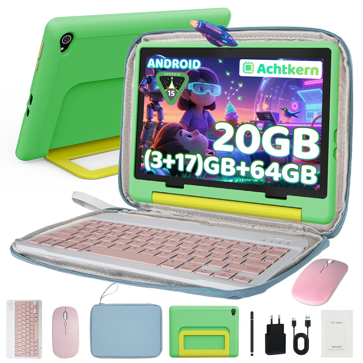 BUFO 10 Zoll Android 15, 20(3+17)GB RAM+64GB, 1280x800 HD IPS, Kinder Tablet (10", 64 GB, Android 15, WiFi 6, GMS-Zertifizierung Android 15, mit Stylus/Maus/Tastatur)