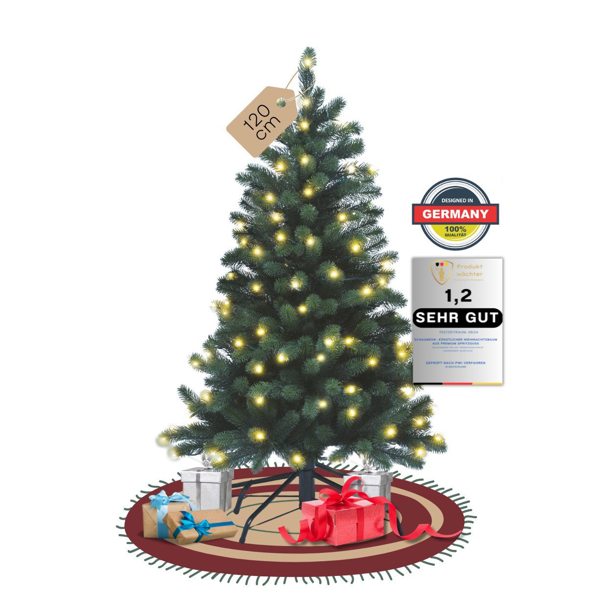SCHAUMEX Künstlicher Weihnachtsbaum Spritzguss Weihnachtsbaum mit LED Beleuchtung Höhe: 120cm, Spritzguss Nordmanntanne, Extrem Hochwertig, schwer entflammbar