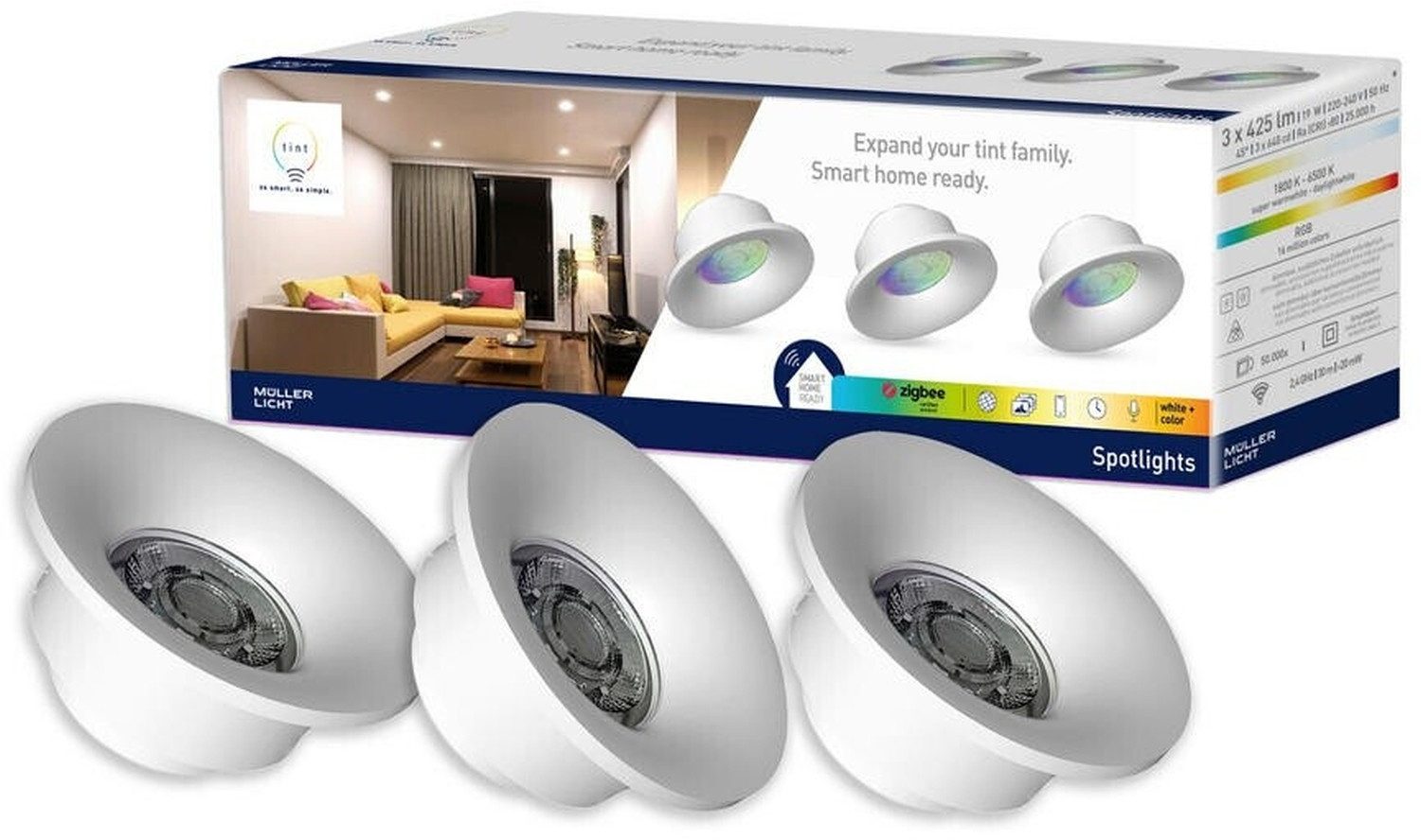 tint LED-Leuchtmittel 3er-Set Spotlights, Tageslichtweiß, Eingebunden im Smarthome-Netzwerk bietet tint zahlreiche Funktionen