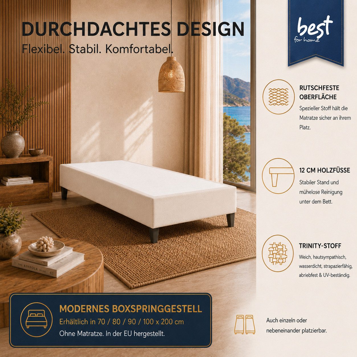 Best for Home Boxspringbett Hotelbett, Gästebett, Rahmenbett, Einzelbett, Bettgestell, Massivholz (Seniorenbett, Matratze, Jugendbett, Kinderbett, 1-St., 70x200 80x200 90x200 100x200 cm), Komfortbett, Boxspringgestell, Verschiedene Liefermöglichkeiten