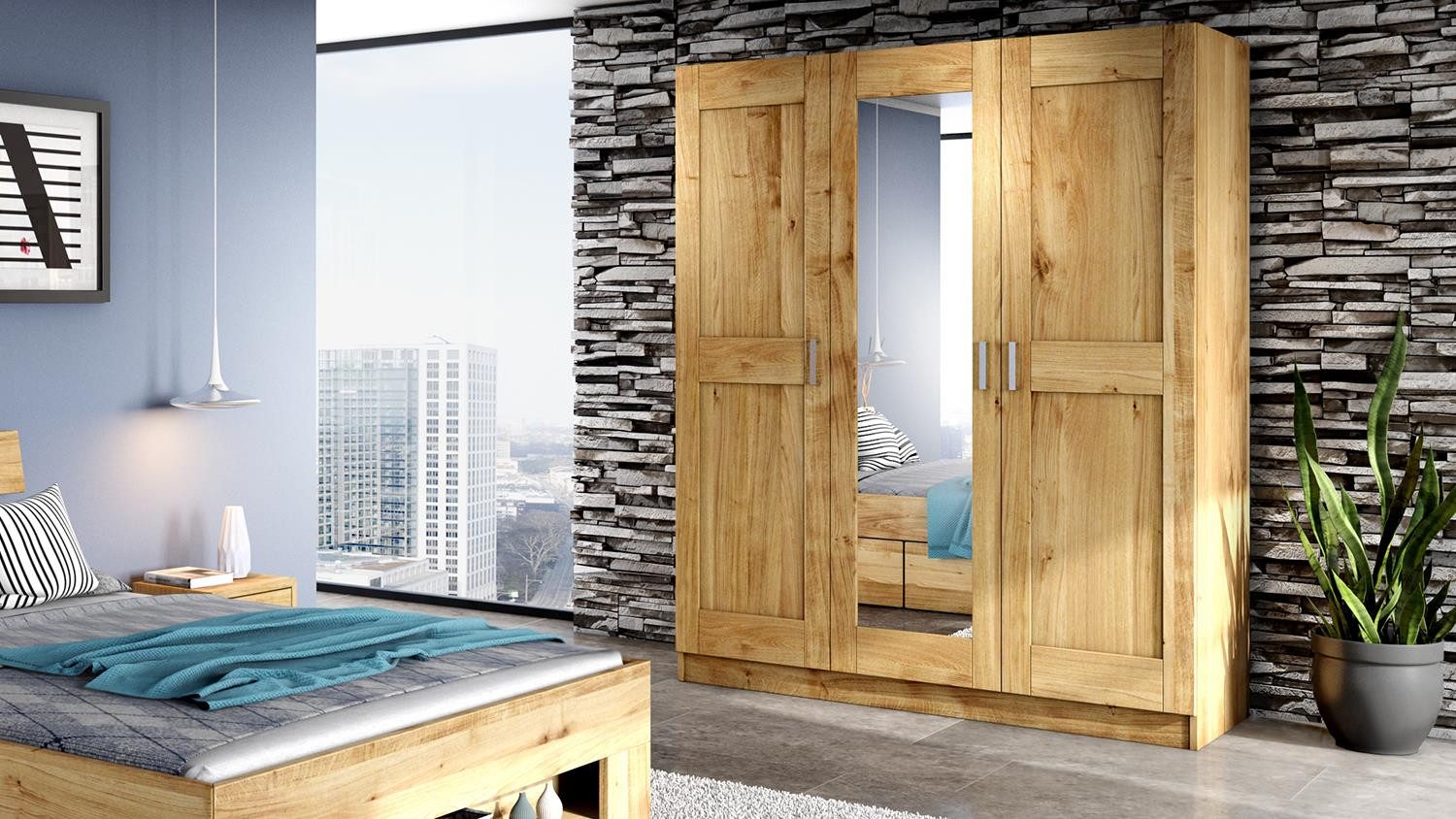 ELFO Kleiderschrank Kleiderschrank Toni 3 S in Wildeiche mit Spiegel 152 cm