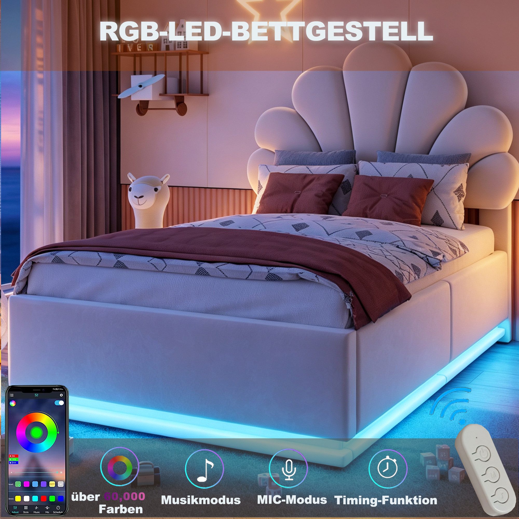 Merax Polsterbett 90x200cm mit LED-Beleuchtung & Blütenkopfteil (1-tlg), Kinderbett mit hydraulischem Stauraum & Metallrahmen, Samt Jugendbett – Bild 5 von 5