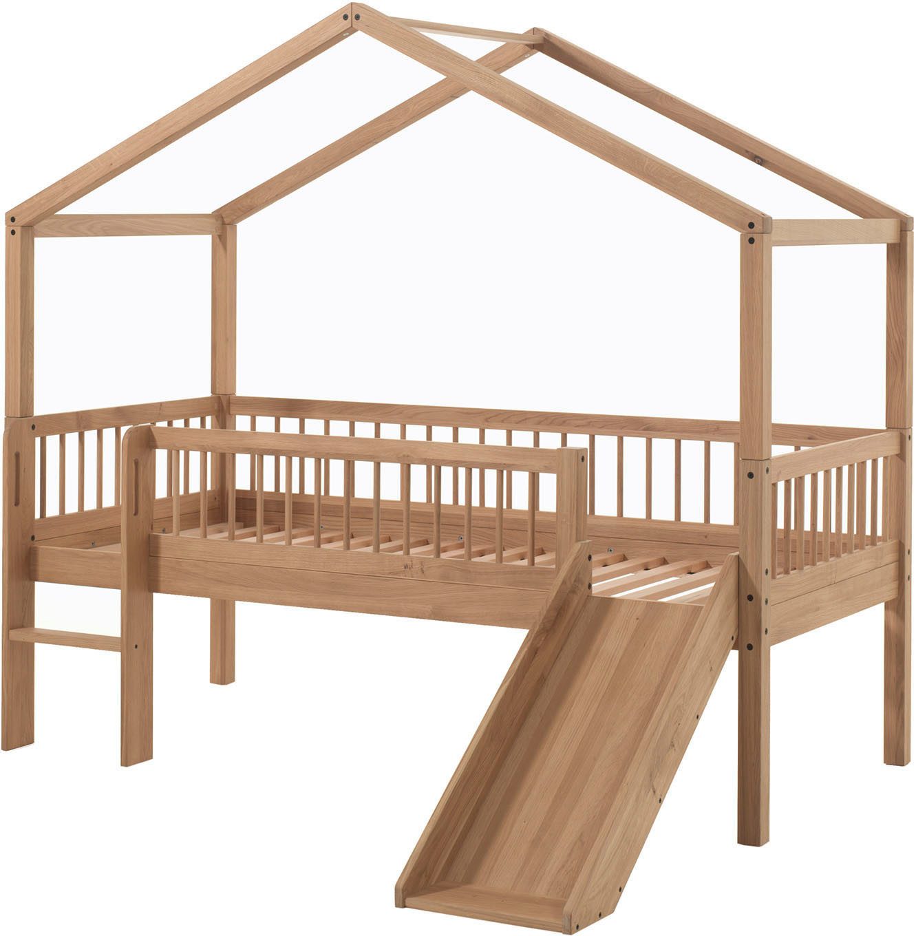 Vipack Hausbett Forrest ist ein hochwertiges Massivholz Haus Bett "Made in Europe" (inkl. Rolllattenrost, Dachaufbau, Absturzschutz, Leiter und Rutsche), wahlweise aus massiver Eiche geölt oder Buche massiv weiß lackiert