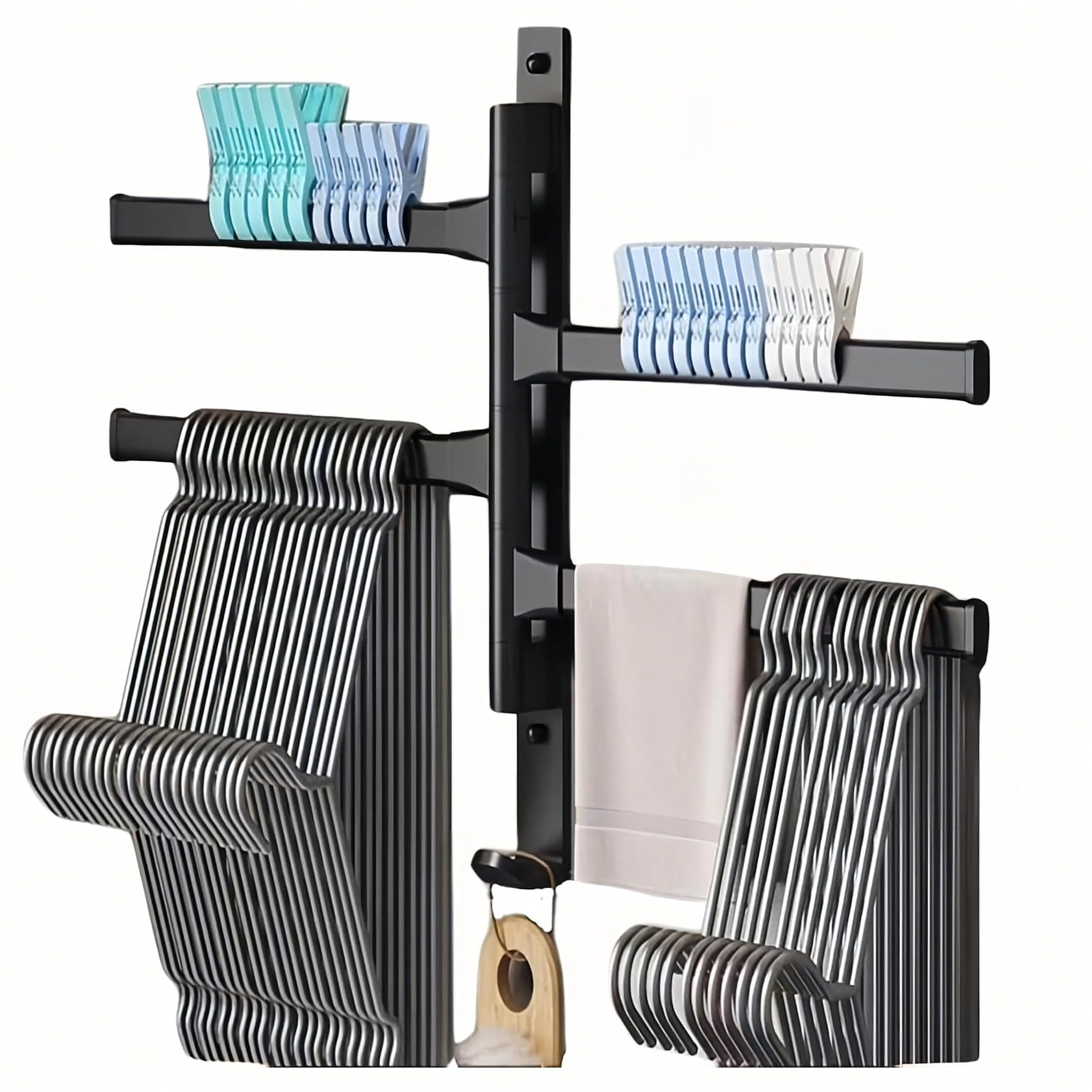Realb2b Handtuchhalter Drehbarer Handtuchhalter Aluminium 4-armig schwarz matt Wandmontage, Schwenkbare 4 Arme, platzsparend, Aluminium, mattschwarz beschichtet