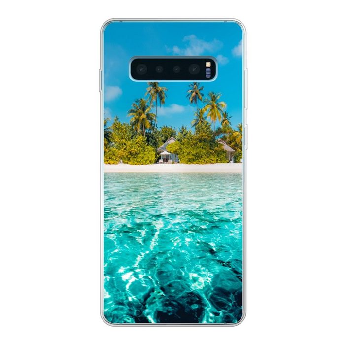 MuchoWow Handyhülle Blick auf einen Strand mit Palmen vom Wasser aus Phone Case Handyhülle Samsung Galaxy S10+ Silikon Schutzhülle