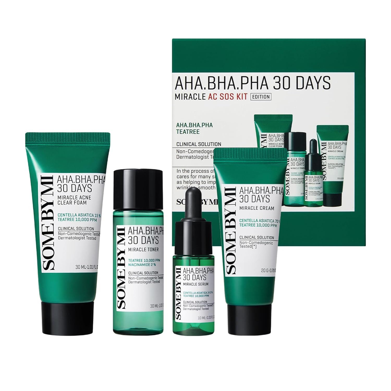 Some By Mi Hautpflege-Set AHA BHA PHA 30 Days Miracle AC SOS Kit – Gesichtspflegeset für unreine ölige Haut – 4-Step Routine mit Cleanser, Toner, Serum & Cream in Mini-Größen