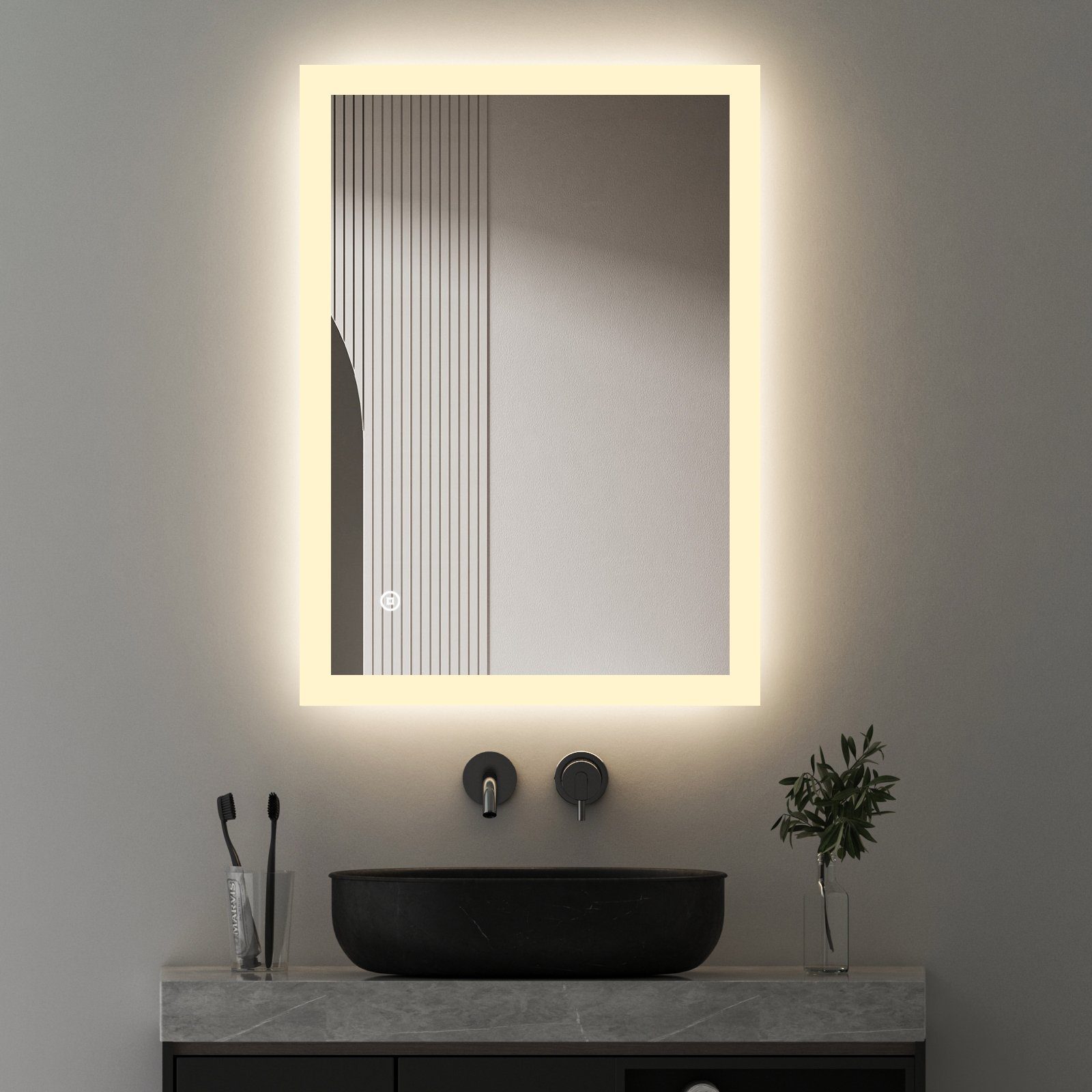 WDWRITTI Spiegel Bad mit Warmweiß beleuchtung Badspiegel Led Touch Uhr Wandschalter (Badezimmerspiegel Rund Rechteckig, 3 Lichtfarben, Helligkeit einstellbar), Speicherfunktion, IP44