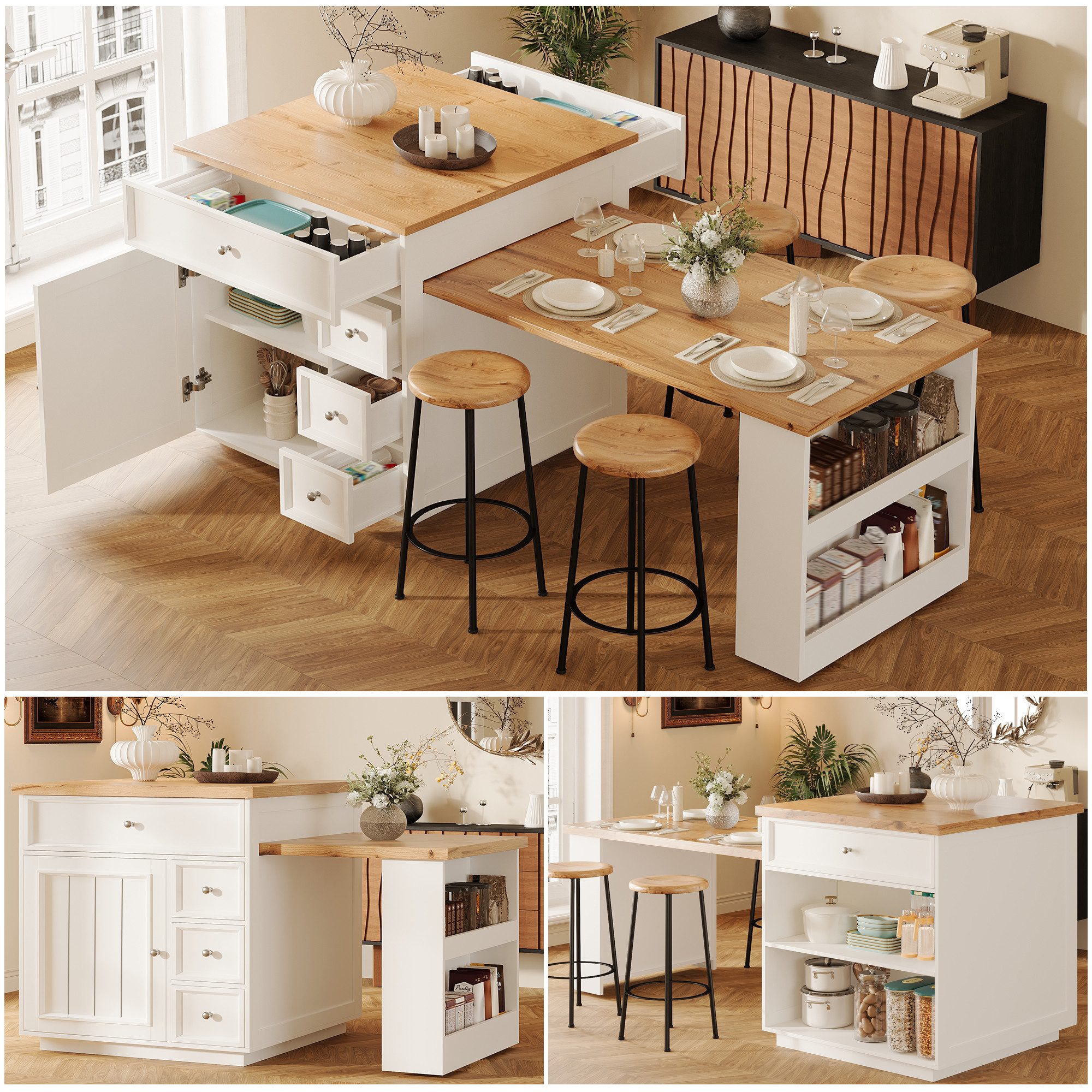 Flieks Kücheninsel mit Arbeitsplatte und ausziehbarer Esstisch in Holzoptik Natur, (Längenverstellbar 120-184cm, Mehrzweckschrank mit verstellbarer Einlegeböden), Küchenschrank inkl erweiterbarer Tisch mit Rollen und Ablagen Weiß