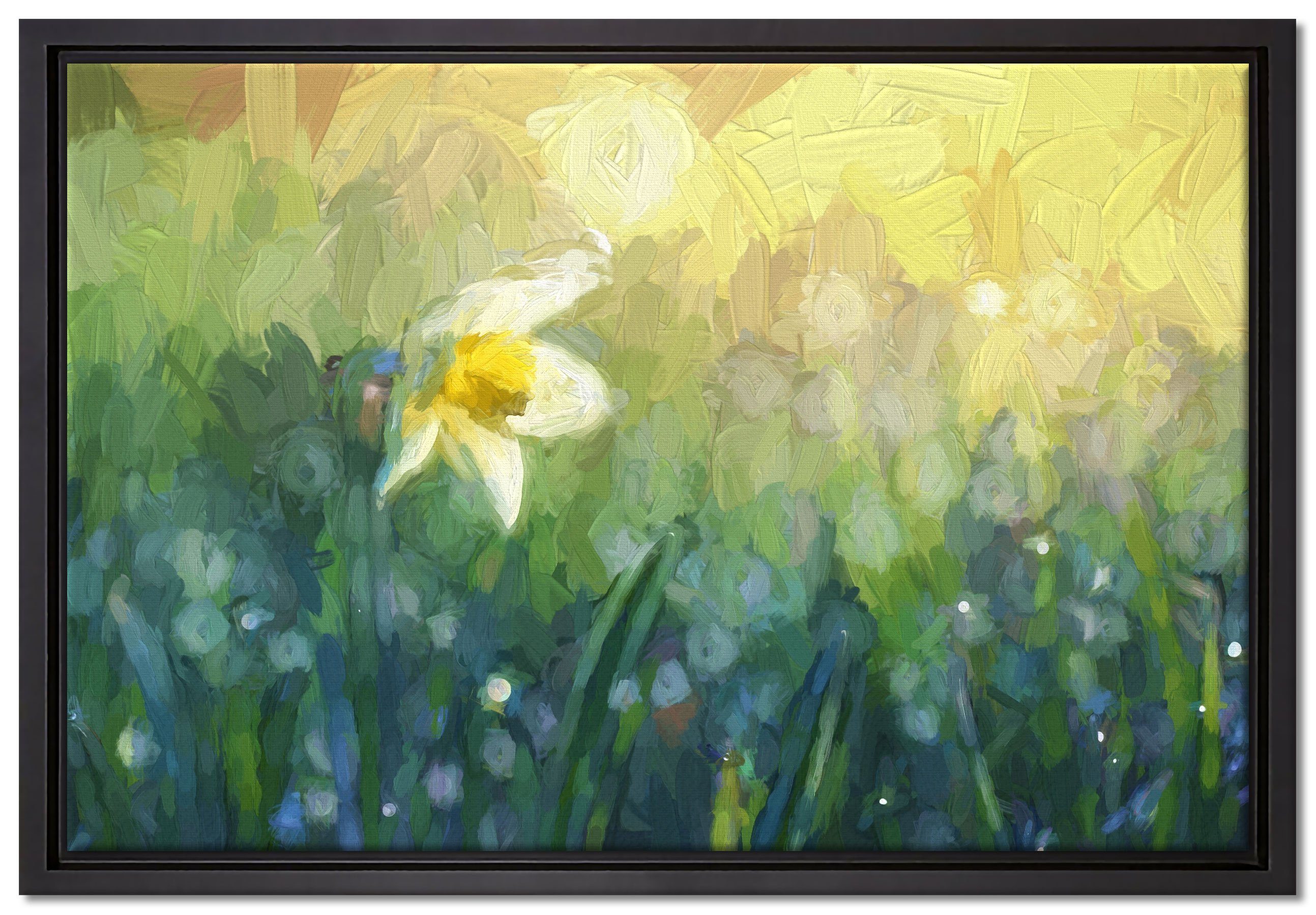 Pixxprint Leinwandbild Narzissenblume in der Morgensonne, Wanddekoration (1 St), Leinwandbild fertig bespannt, in einem Schattenfugen-Bilderrahmen gefasst, inkl. Zackenaufhänger