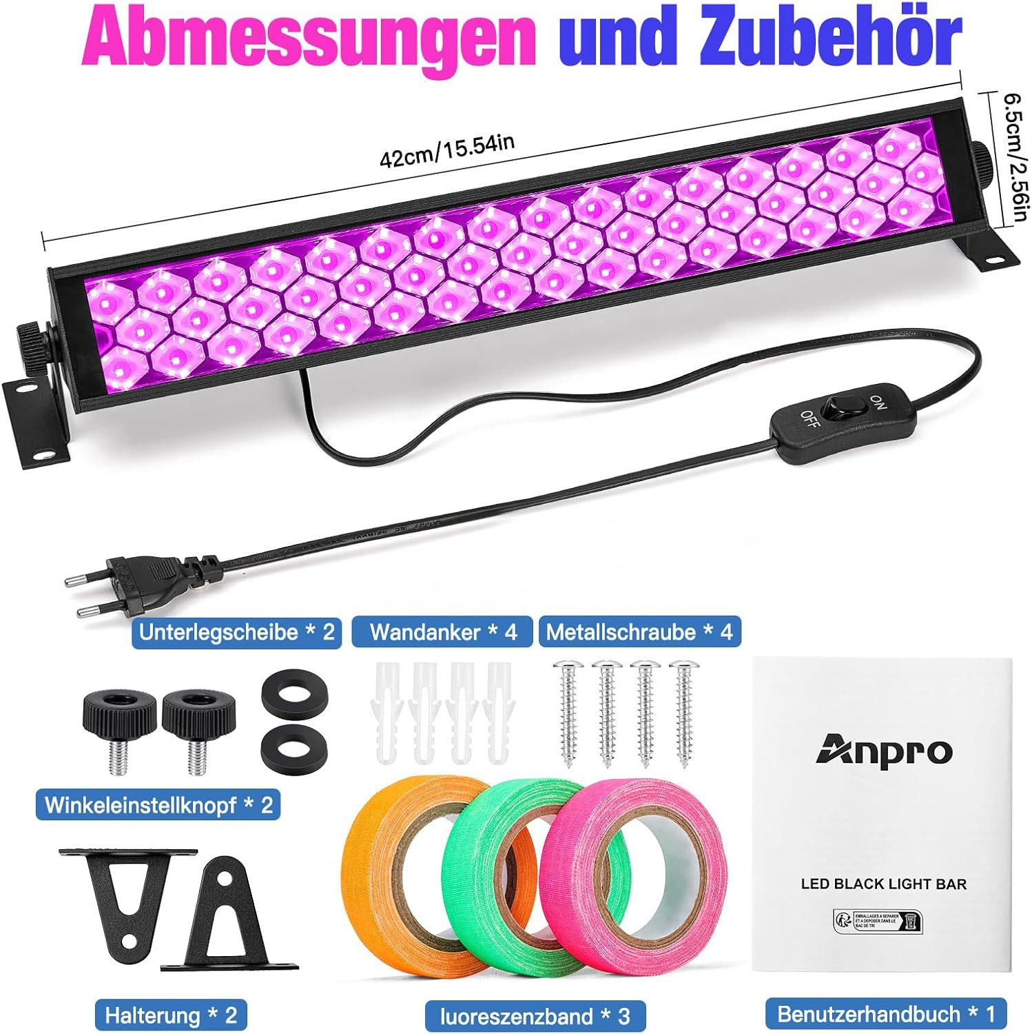 Anpro Discolicht 72W LED UV Schwarzlichtlampe mit 3 fluoreszierenden Klebebändern, 48 UV-LEDs, 72 Watt Gesamtleistung, LED-Technik, 385–400 nm Wellenlänge, UV S – Bild 2 von 5