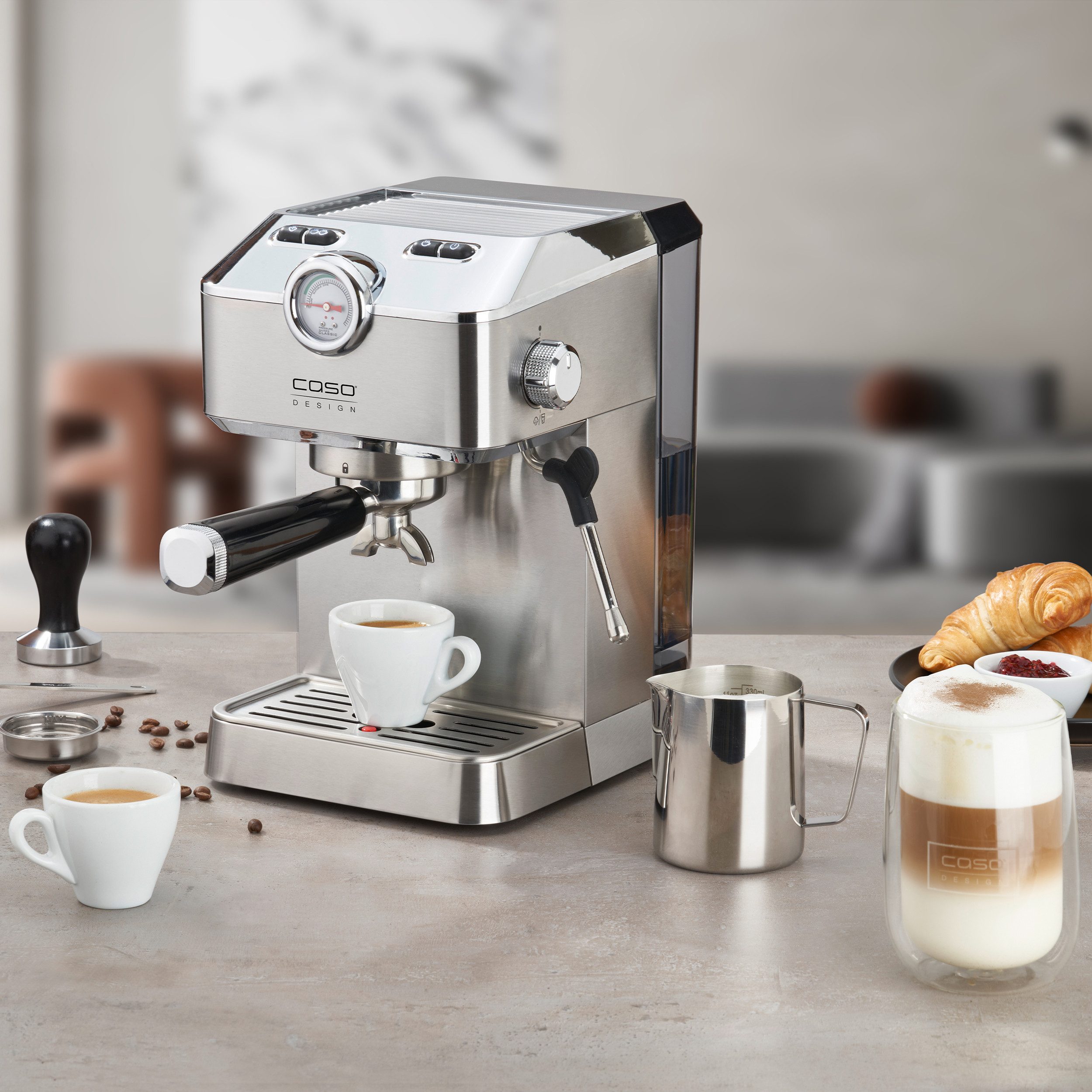 Caso Siebträgermaschine EspressoGourmet, Edelstahlfilter, 1100 W, 19 bar, 3 Edelstahl-Filtereinsätze silberfarben