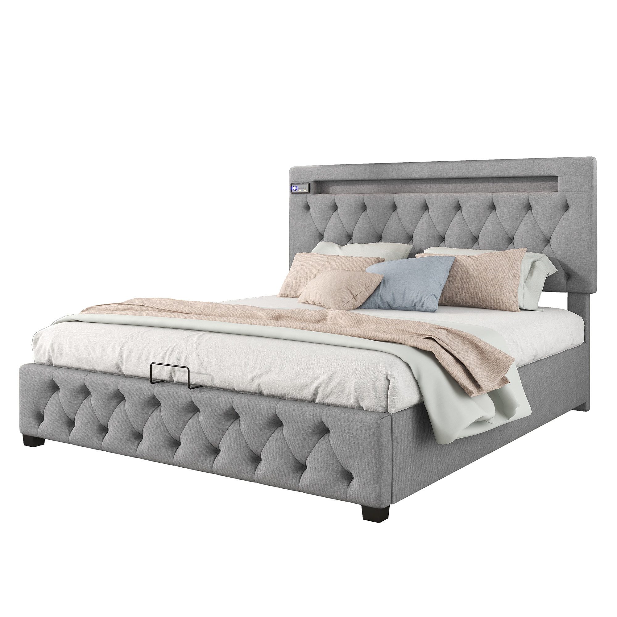 Azkoeesy Polsterbett 140x200 Cm – Mit Stauraum, LED-Beleuchtung, Bluetooth & USB, Leinenbezug, Hellgrau