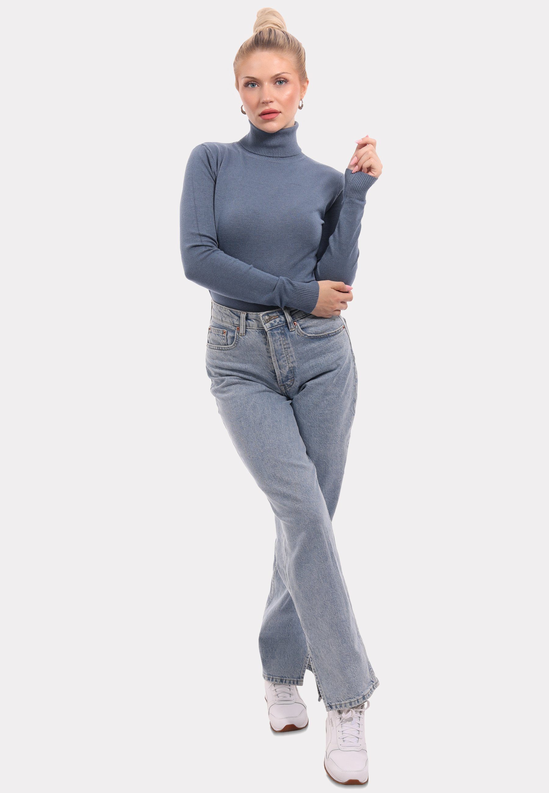 YC Fashion Rollkragenpullover & aus Rollkragenpullover Unifarbe Feinstrick Basic in jeansblau (1-tlg) Style