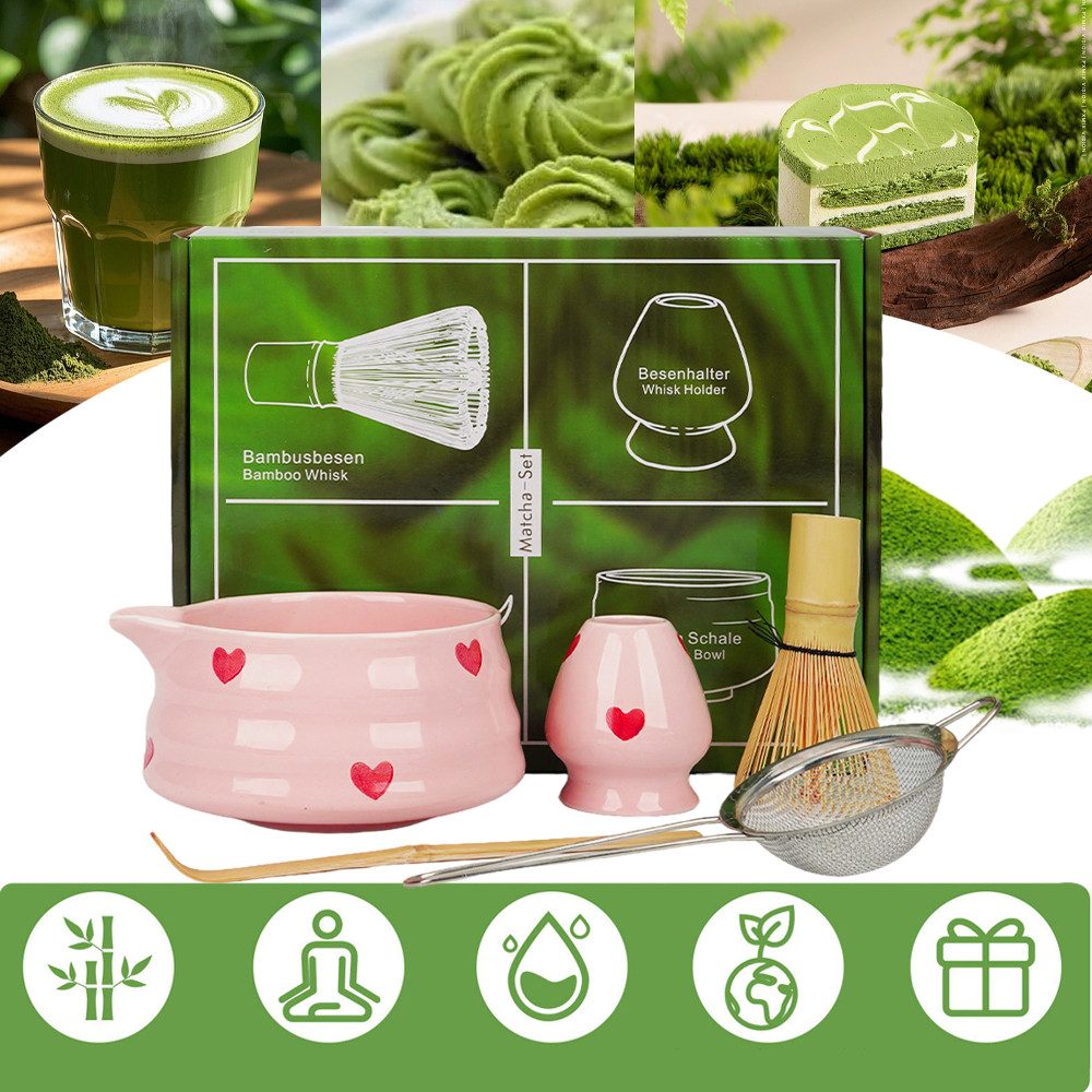 AKKEE Teeservice Matcha Set mit Teeschale, Matchabesen und Besenhalter, 1 Personen, 5 Artikel Matcha-Zubehör aus Keramik