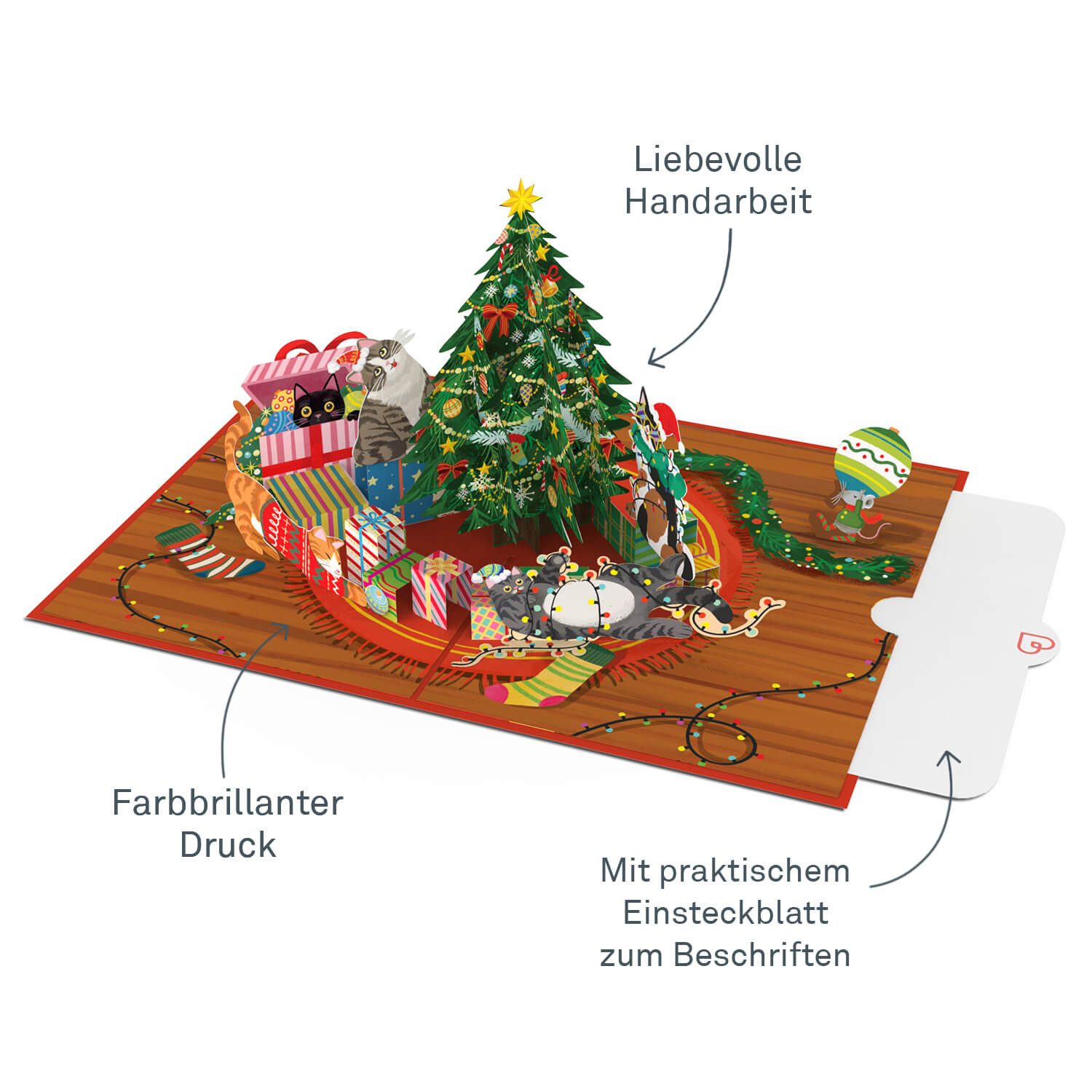 papercrush Weihnachtskarte Weihnachtsbaum mit Katzen Pop-Up Karte, Handgemacht