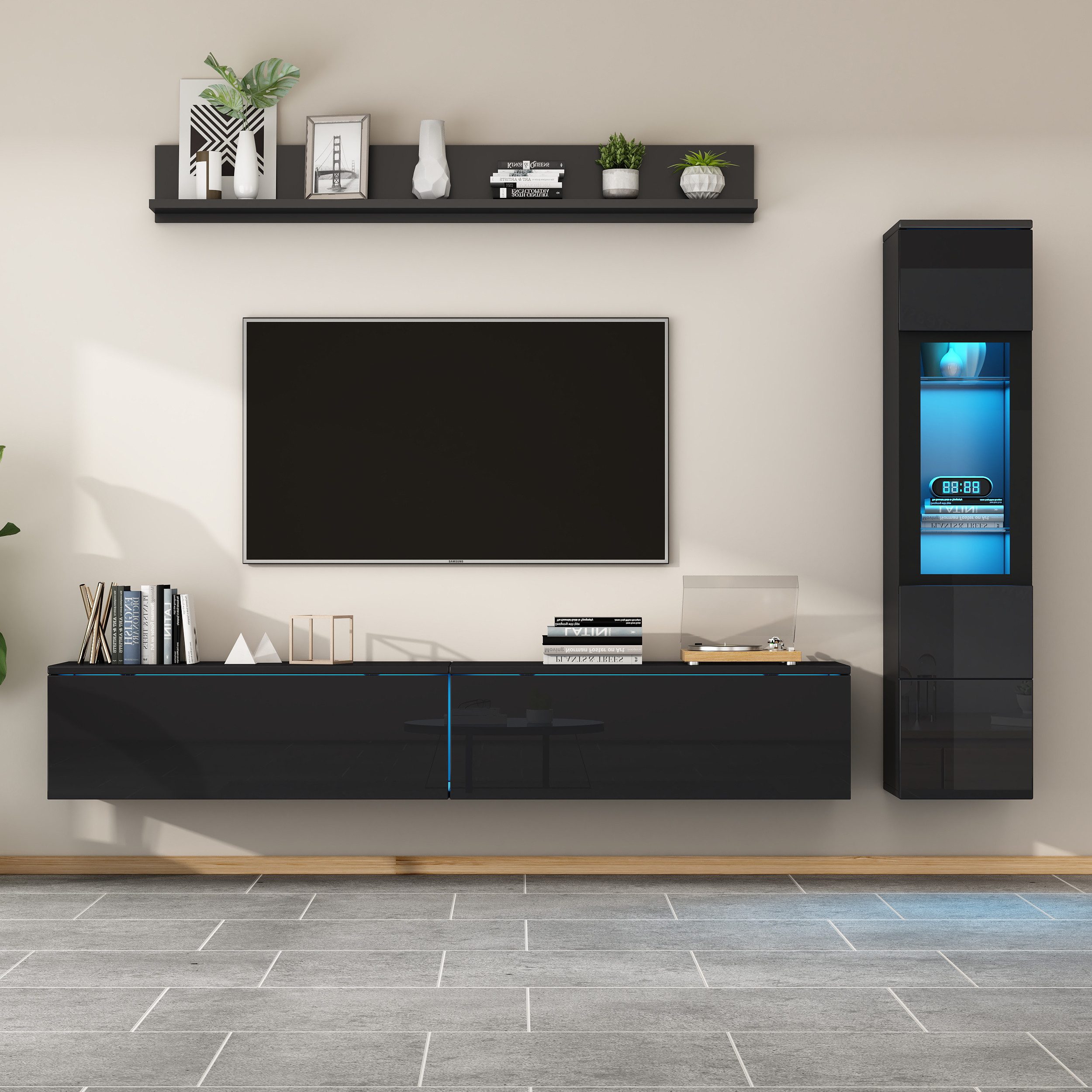 Merax Wohnwand mit LED-Beleuchtung, in Hochglanz Weiß/Schwarz, (3-St), 3-teilig TV-Wohnwand Set mit TV Schrank, Vitrine & Hängeregal