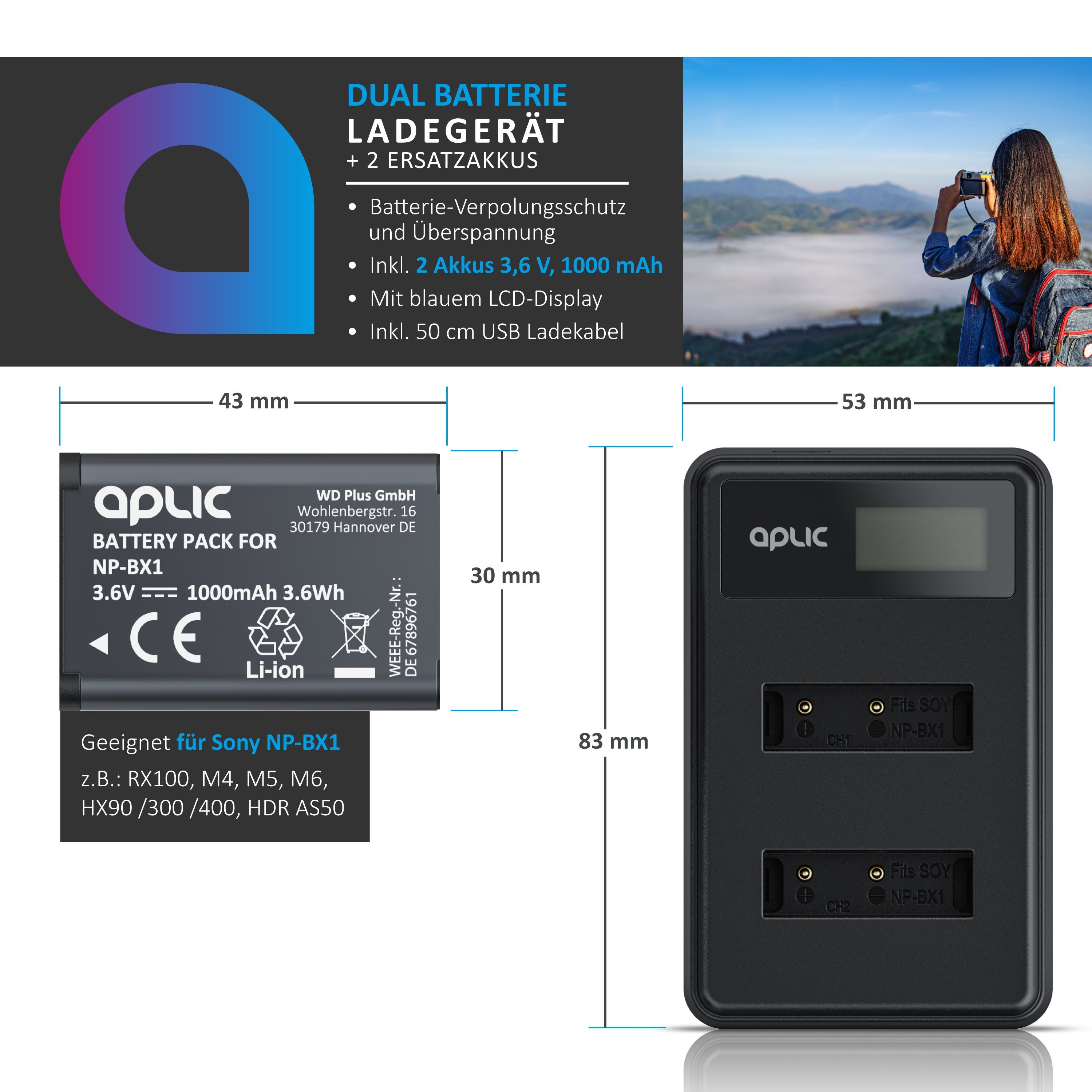 Aplic Akkuladegerät Set mit 2 Akkus für Sony NP-BX1 1000 mAh, Kamera-Ladegerät (Akku / Batterieladegerät)