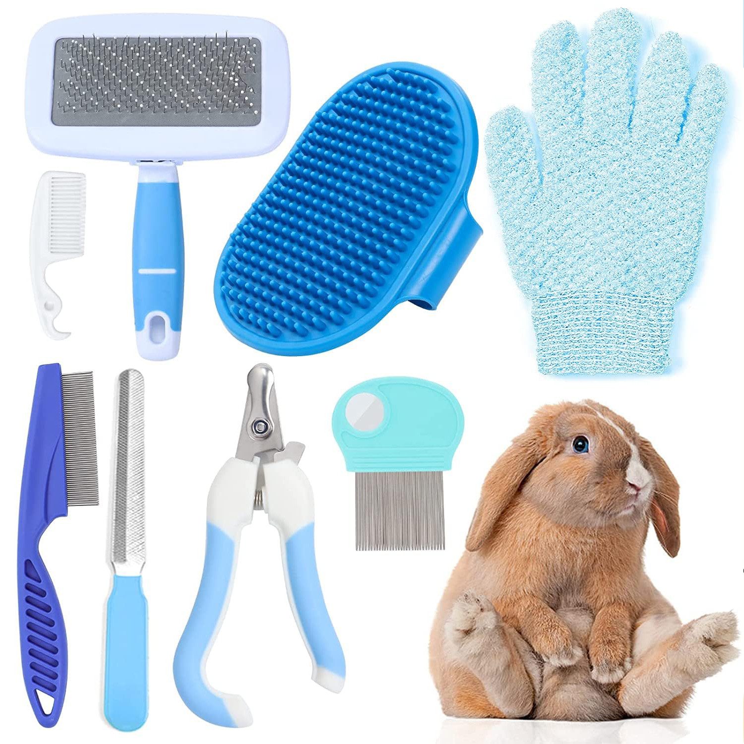 AFKSMILE Fellbürste Kaninchen Pflege Set, für Hasen Kätzchen Meerschweinchen Frettchen, Mit Nagelknipser Trimmer Haarentferner Feile Kamm Shampoo Badebürste