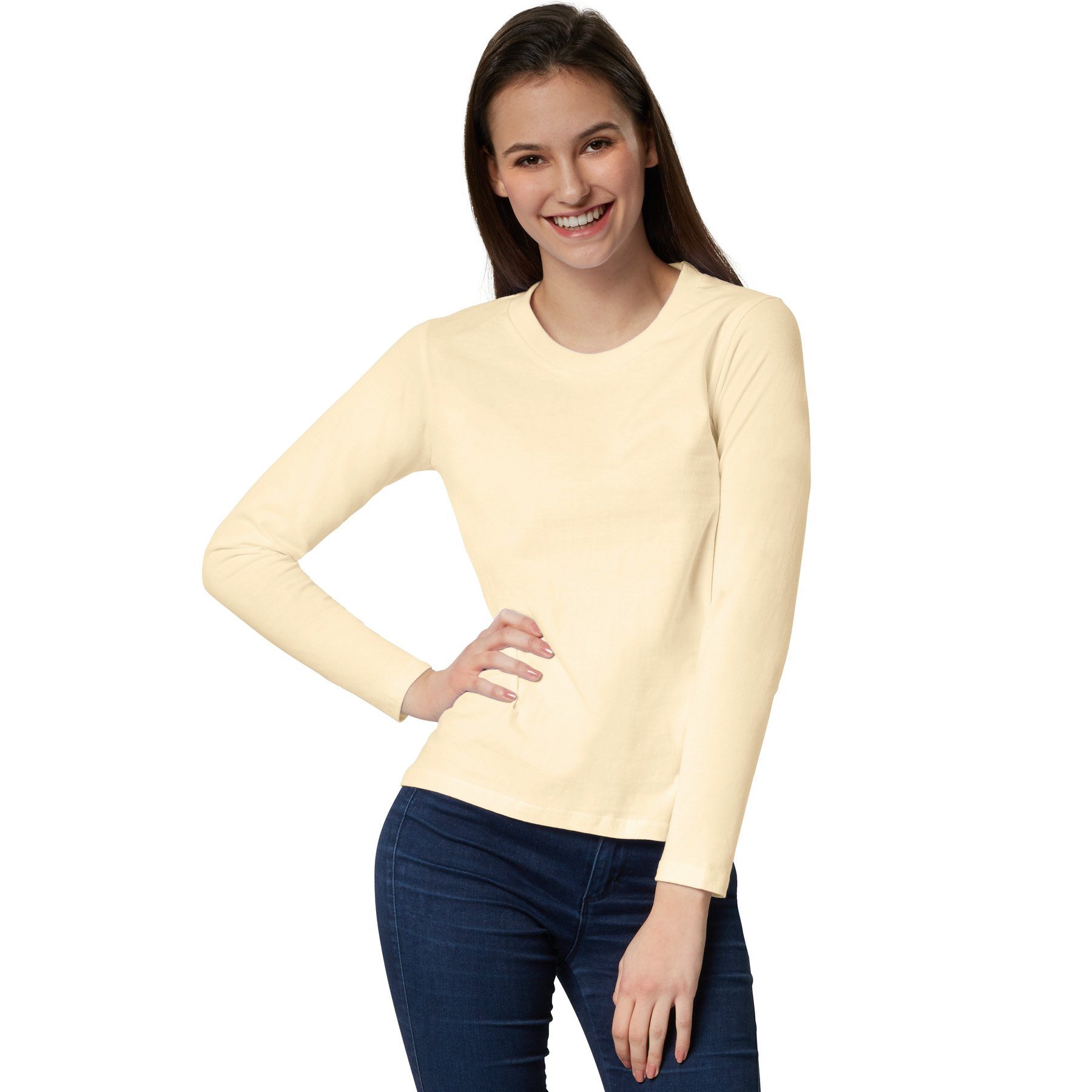 dressforfun Langarmshirt Langarmtop, Für viele Outfits & Auftritte, Rundhals mit (Ärmelshirt, Konfektionsgröße XL in beige) Einfarbiges Langarm-Shirt für Frauen, Fester Stoff, hoher Tragekomfort