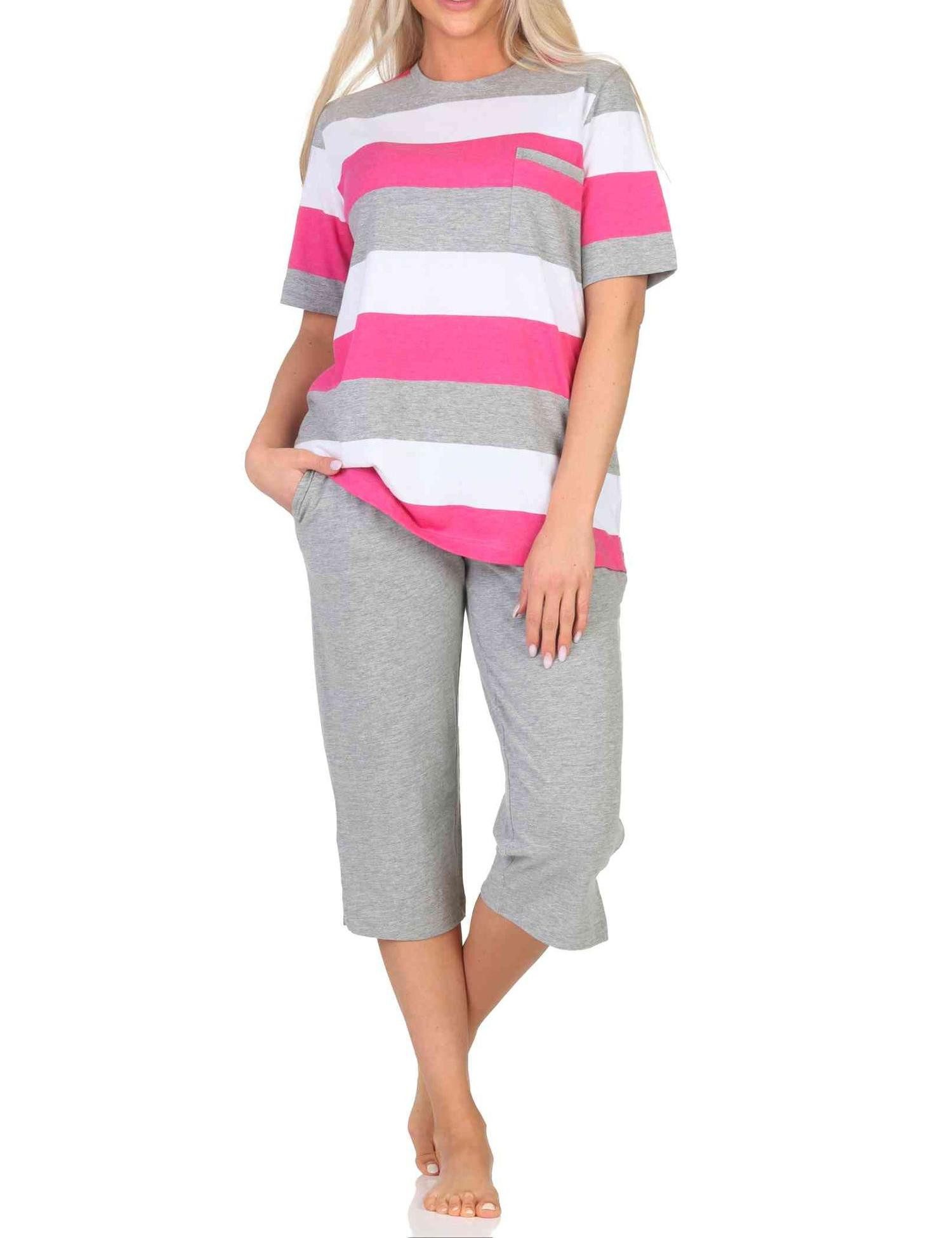 Pyjama Damen Capri Schlafanzug kurzarm in Streifenoptik - auch in Übergrößen