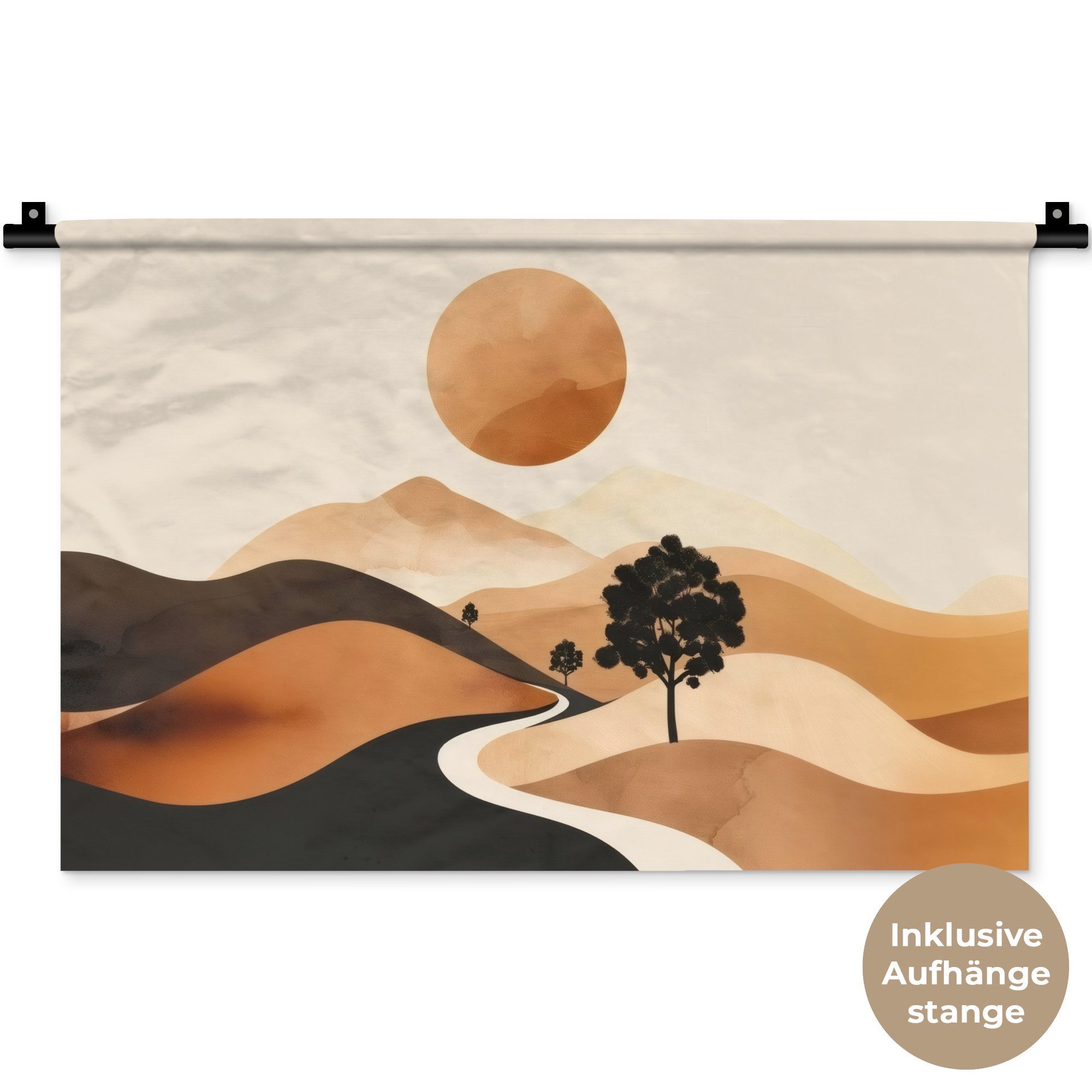 MuchoWow Wandteppich Sonne - Hügel - Baum - Abstrakt, Rechteckig, Höhe: 3 mm, Wandteppich für Wohnzimmer, Schlafzimmer, 60x40 cm