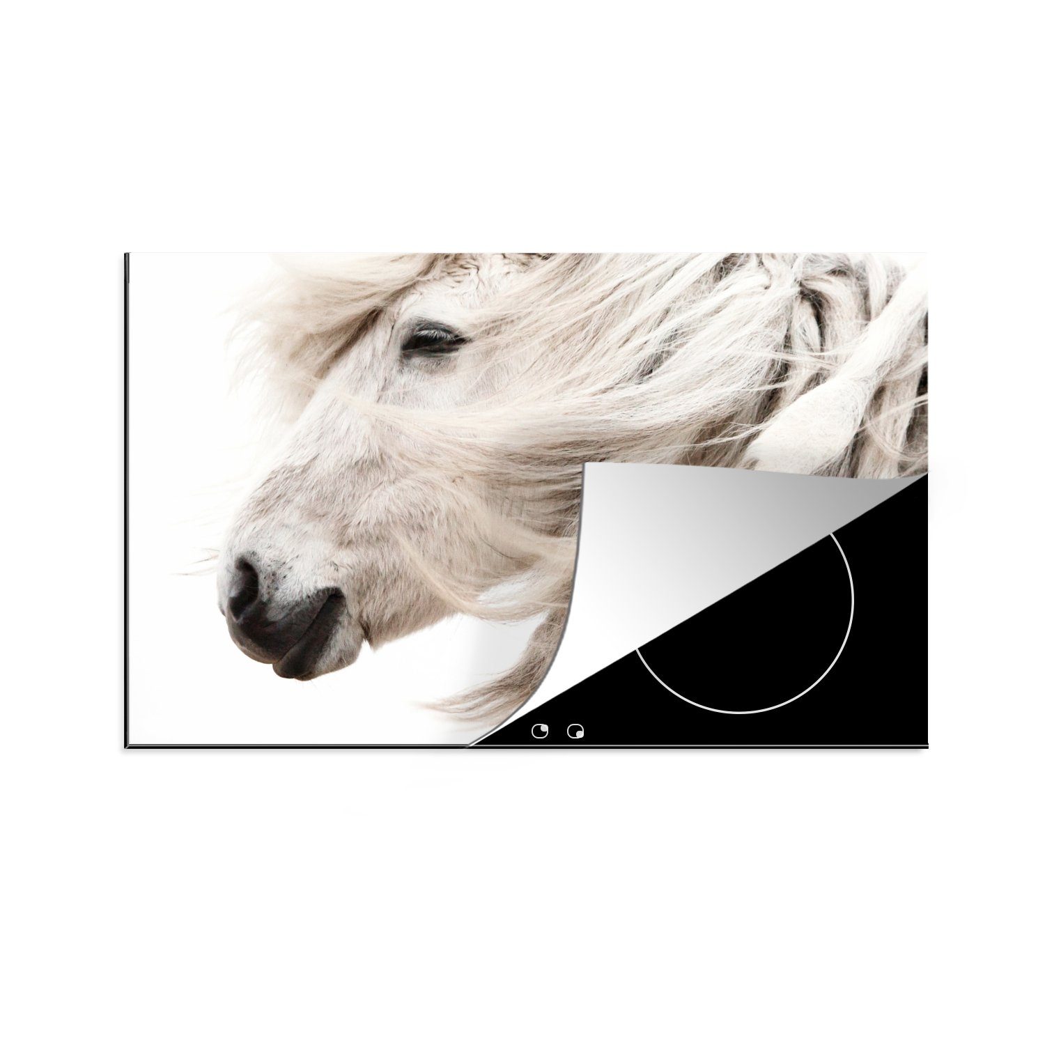 MuchoWow Herdblende-/Abdeckplatte Pferd - Grau - Weiß, Vinyl, (1 tlg), 81x52 cm, Induktionskochfeld Schutz für die küche, Ceranfeldabdeckung