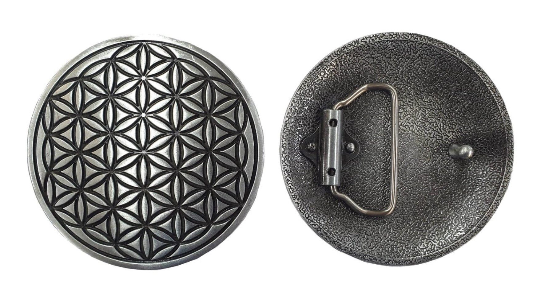 Saraswati Gürtelschnalle "Blume des Lebens" Zink-Legierung silberfarben, 8cm Gurtstecker