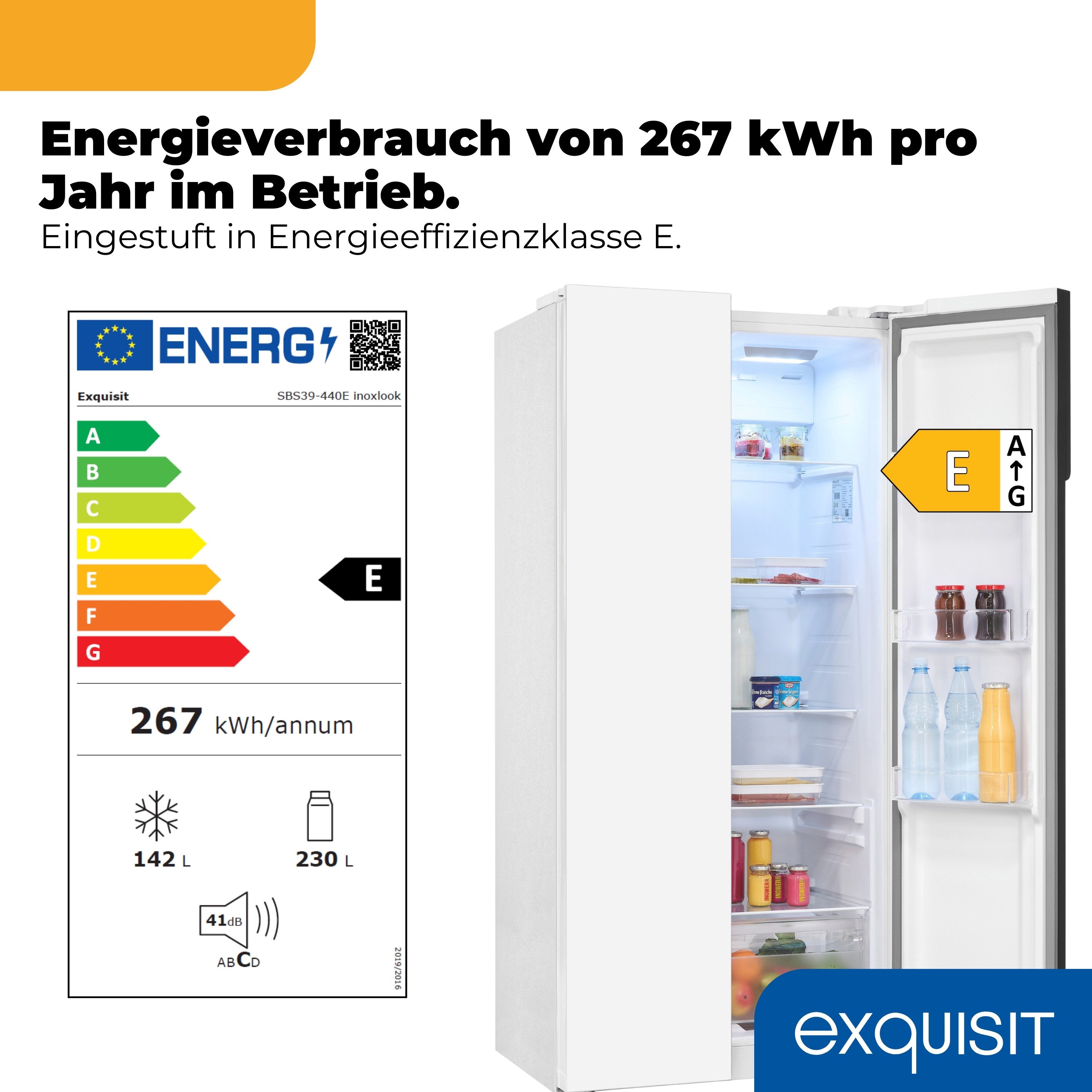 exquisit Side-by-Side SBS39-440E, 170 cm hoch, 78 cm breit, LED-Beleuchtung, Schnellgefrierfunktion, No-Frost