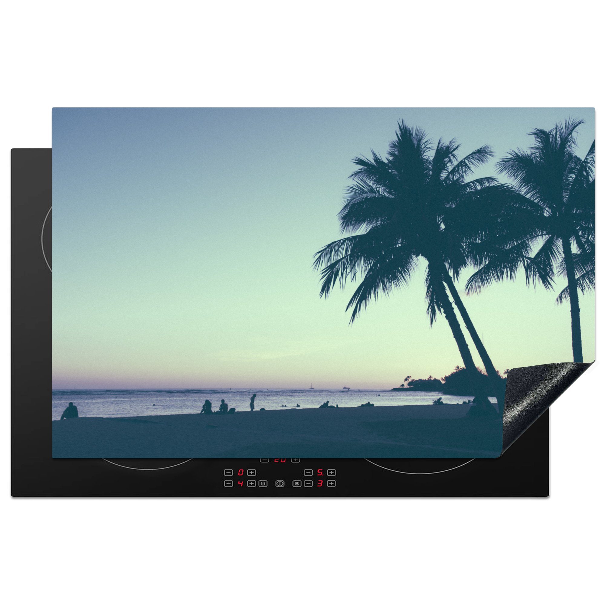 MuchoWow Herdblende-/Abdeckplatte Darstellung der Silhouette von Palmen am Strand, Vinyl, (1 tlg), 81x52 cm, Induktionskochfeld Schutz für die küche, Ceranfeldabdeckung
