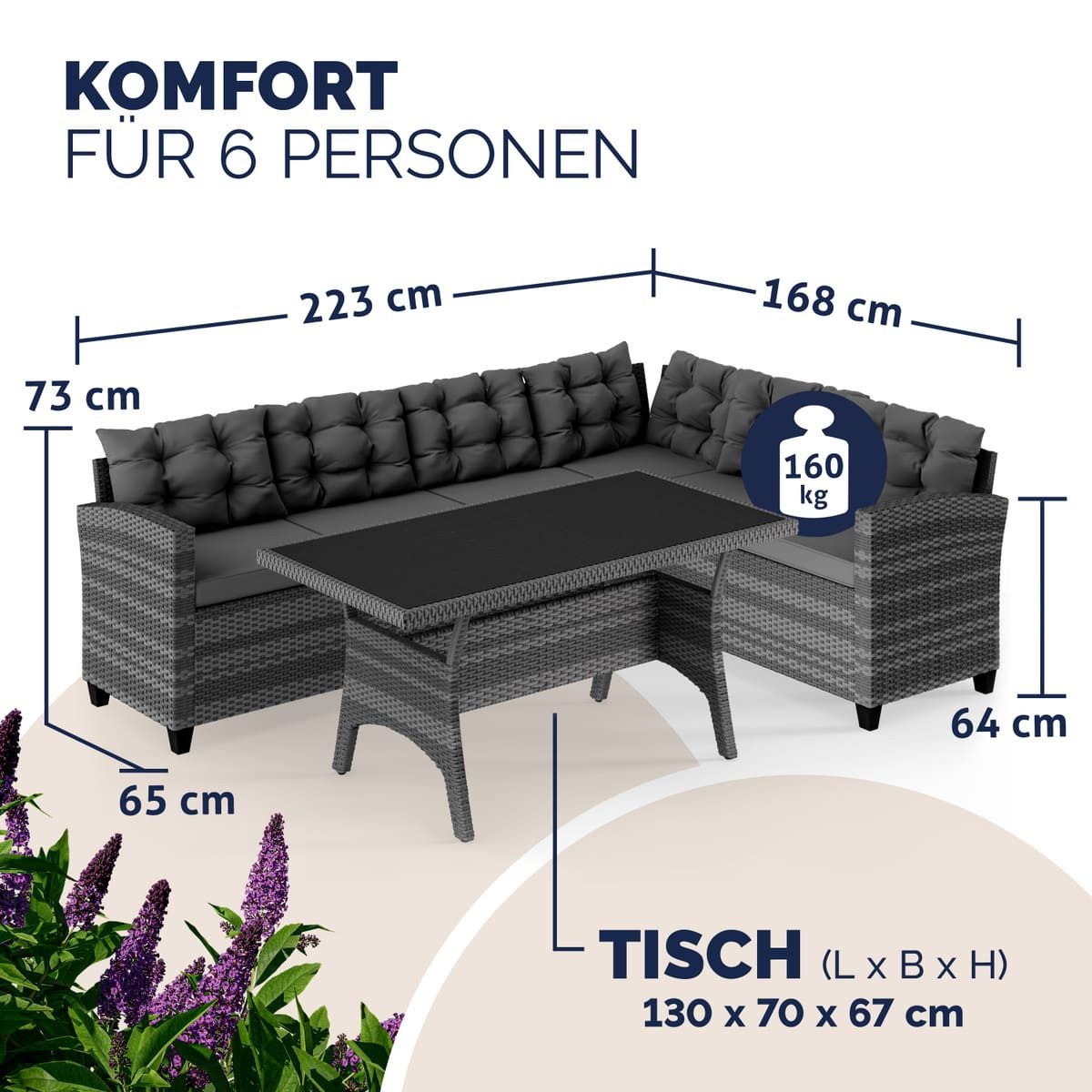 Casaria Gartenlounge-Set Lissabon, Polyrattan WPC Esstisch Eckbank 15cm Kissen 7cm Auflagen Wetterfest