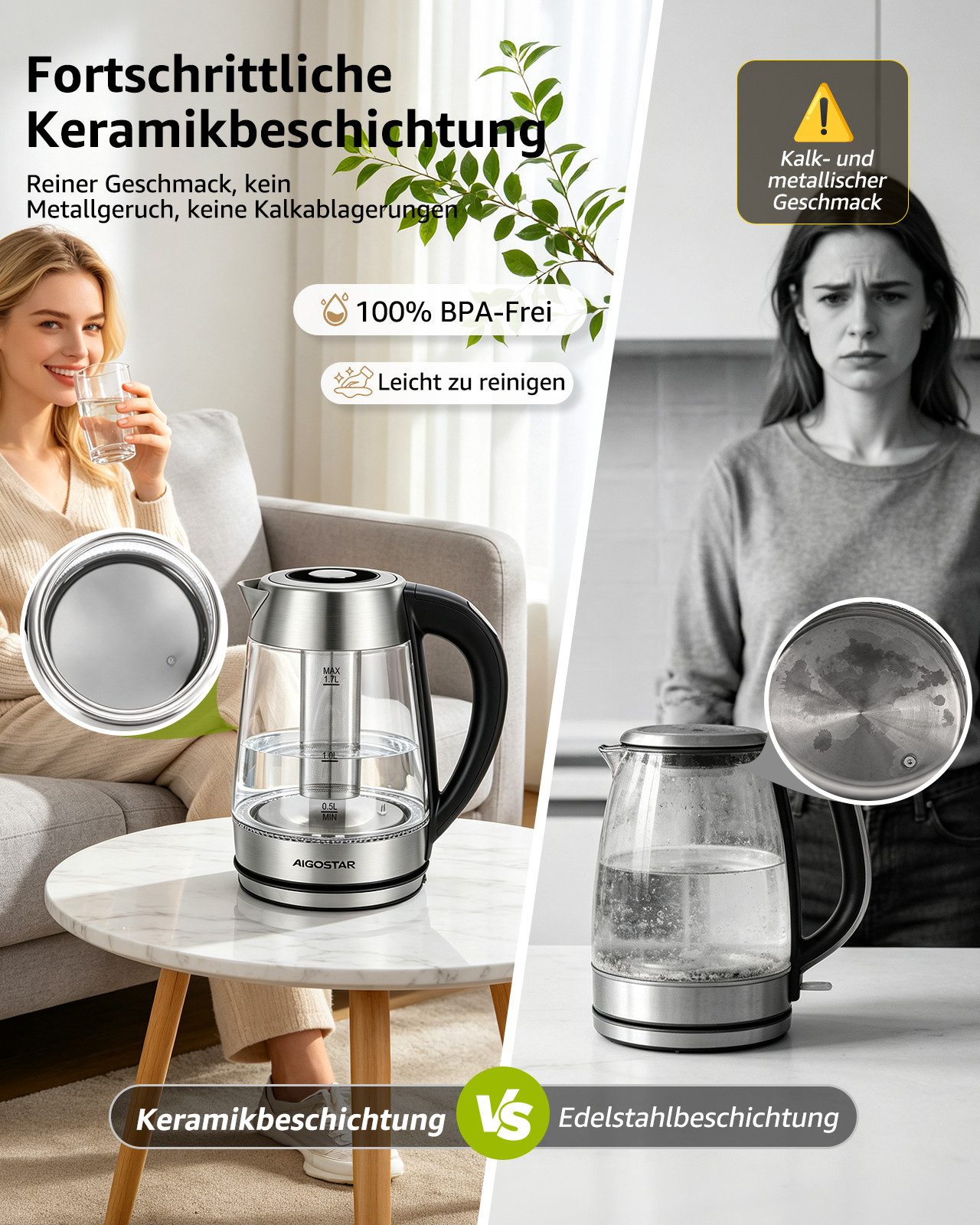 Aigostar Wasserkocher 5 präzise Temperatureinstellungen, Keramikbeschichtung, Kalkfrei, 1.7 l, 2200 W, Keramikbeschichtung, Schnelles Kochen, Warmhaltefunktion, – Bild 2 von 5
