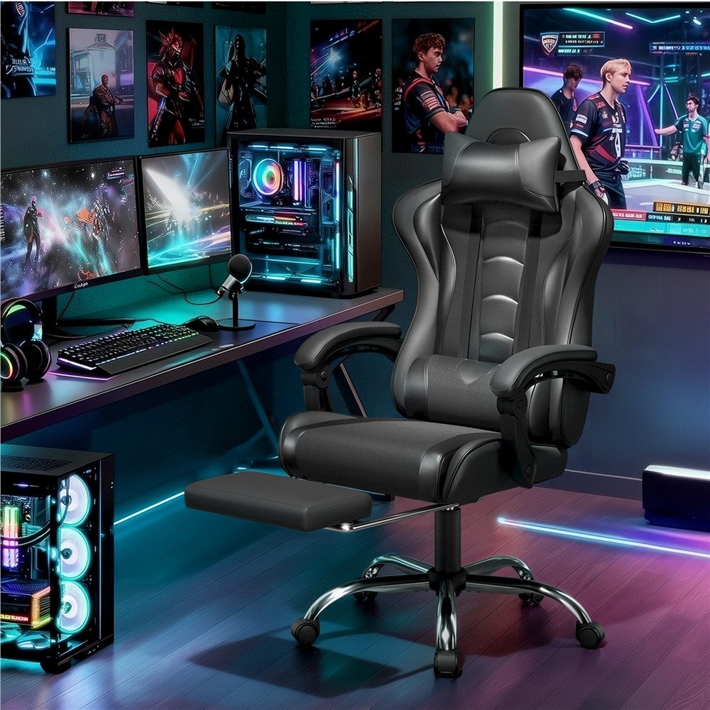 Yaheetech Gaming-Stuhl mit Massagefunktion & Kopfstütze & Fußstütze Ergonomischer PC-Stuhl, Drehstuhl Computerstuhl Verstellbare Rückenlehne