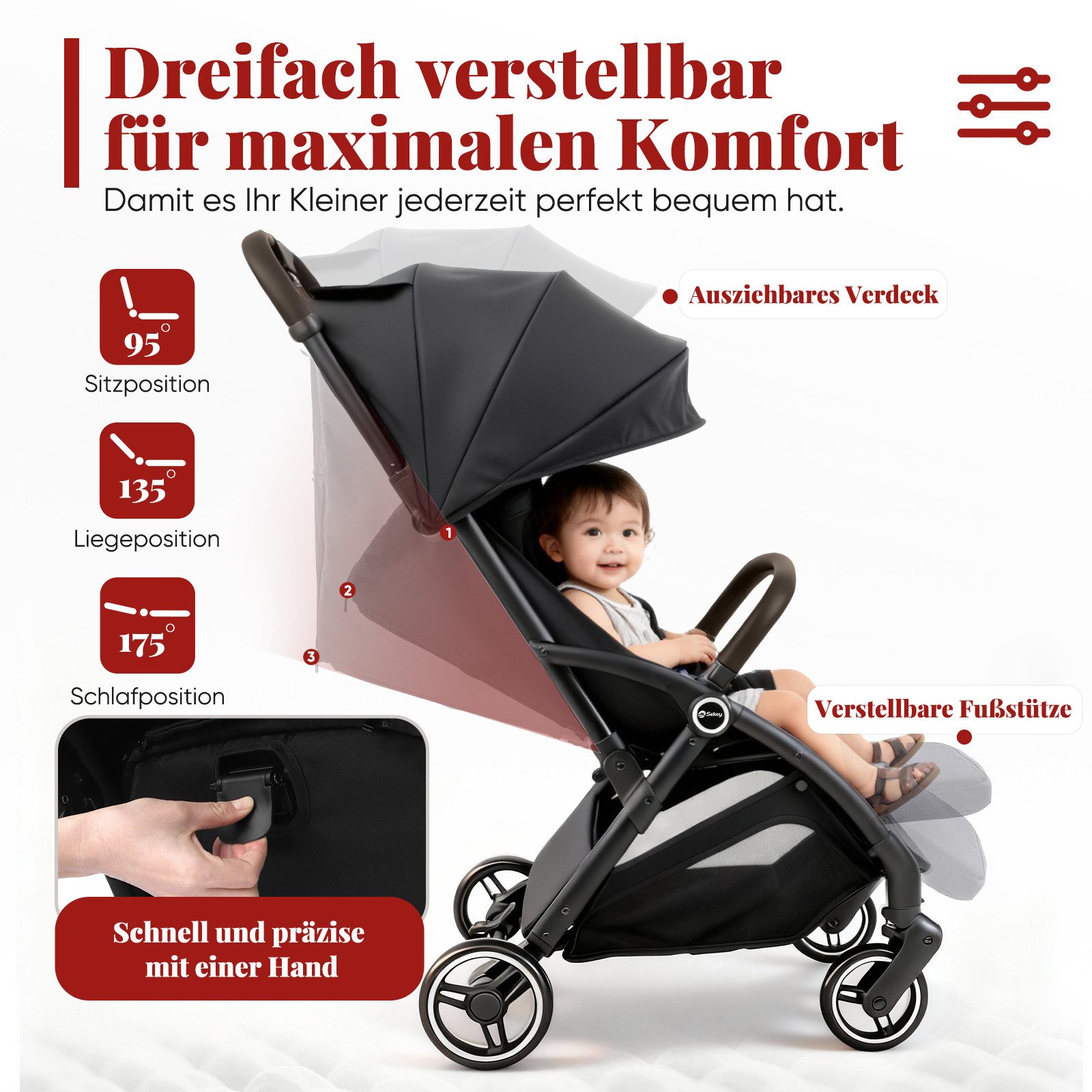 Sekey Kinder-Buggy mit Regenschutz, 3-fach verstellbar Reise Kinderwagen für Flugzeug, Einhand-Faltmechanismus, 4-Rad-Federung, 5-Punkt-Gurt, Sichtfenster