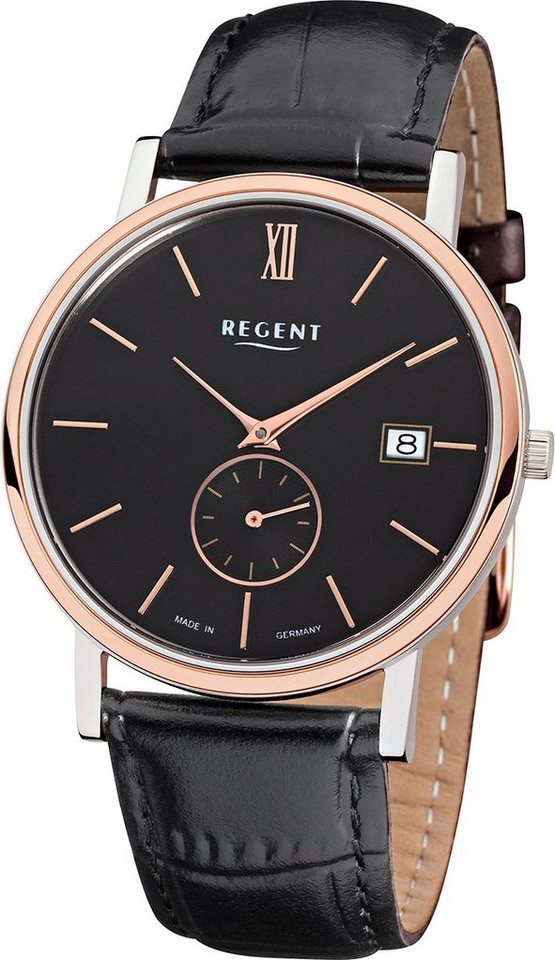 Regent Quarzuhr Regent Herren-Armbanduhr schwarz Analog, Herren Armbanduhr  rund, mittel (ca. 38mm), Lederarmband, Gehäuse ionenplattiert rosegold