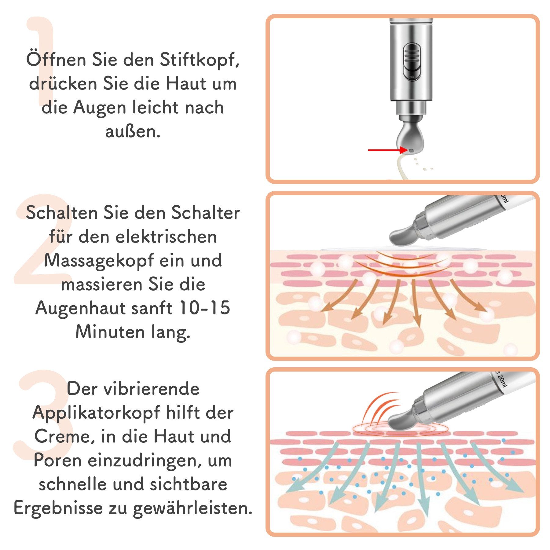 ALIVER Augencreme Antifalten Hyaluronsäure Kollagen mit Vibrationskopf, 1-tlg.